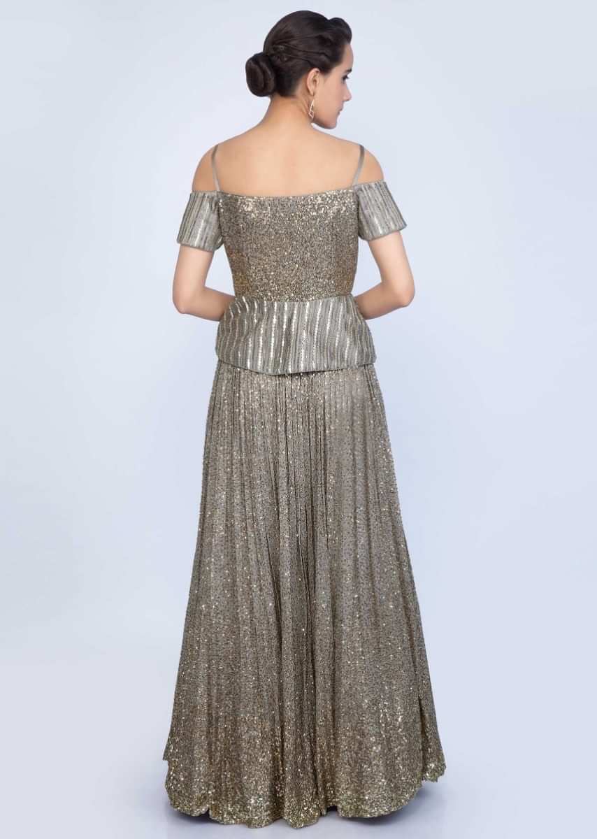 Grey Lehenga With Sequins Embroidery Paired With Off Shoulder Peplum Blouse And Ruffled Dupatta Online - Kalki Fashion