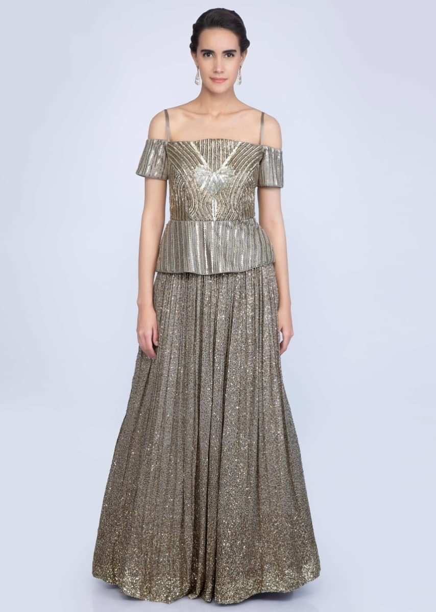 Grey Lehenga With Sequins Embroidery Paired With Off Shoulder Peplum Blouse And Ruffled Dupatta Online - Kalki Fashion