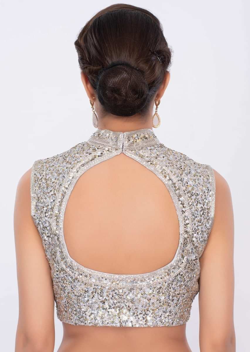 Silver Blouse With A Mix Of Golden And Silver Sequins Embroidery And High Neck Online - Kalki Fashion