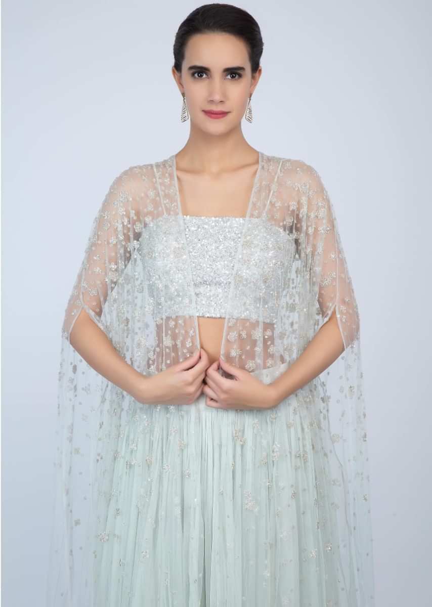 Sequins embroidered strap top with flared skirt and embroidered net jacket only on Kalki