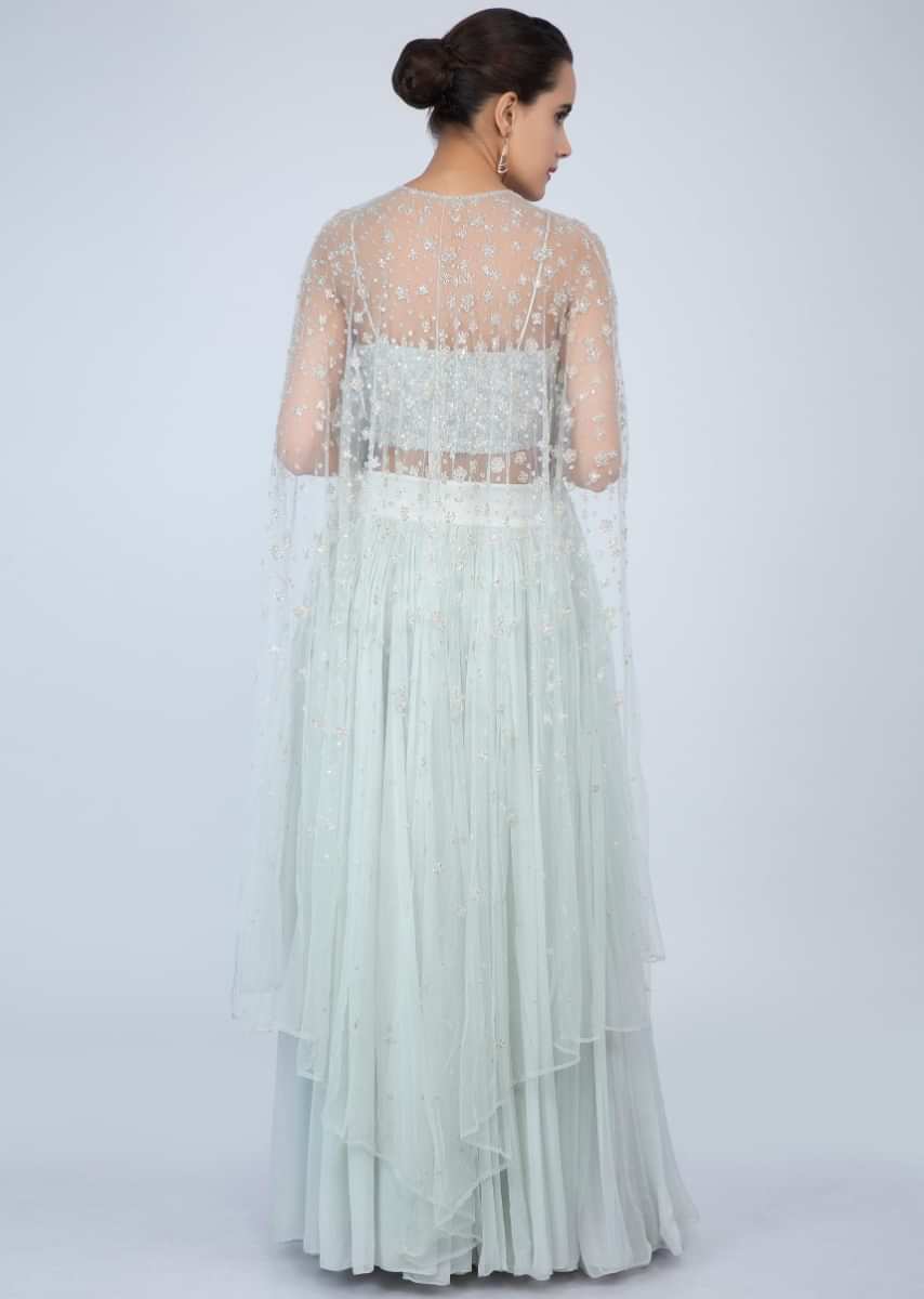 Sequins embroidered strap top with flared skirt and embroidered net jacket only on Kalki
