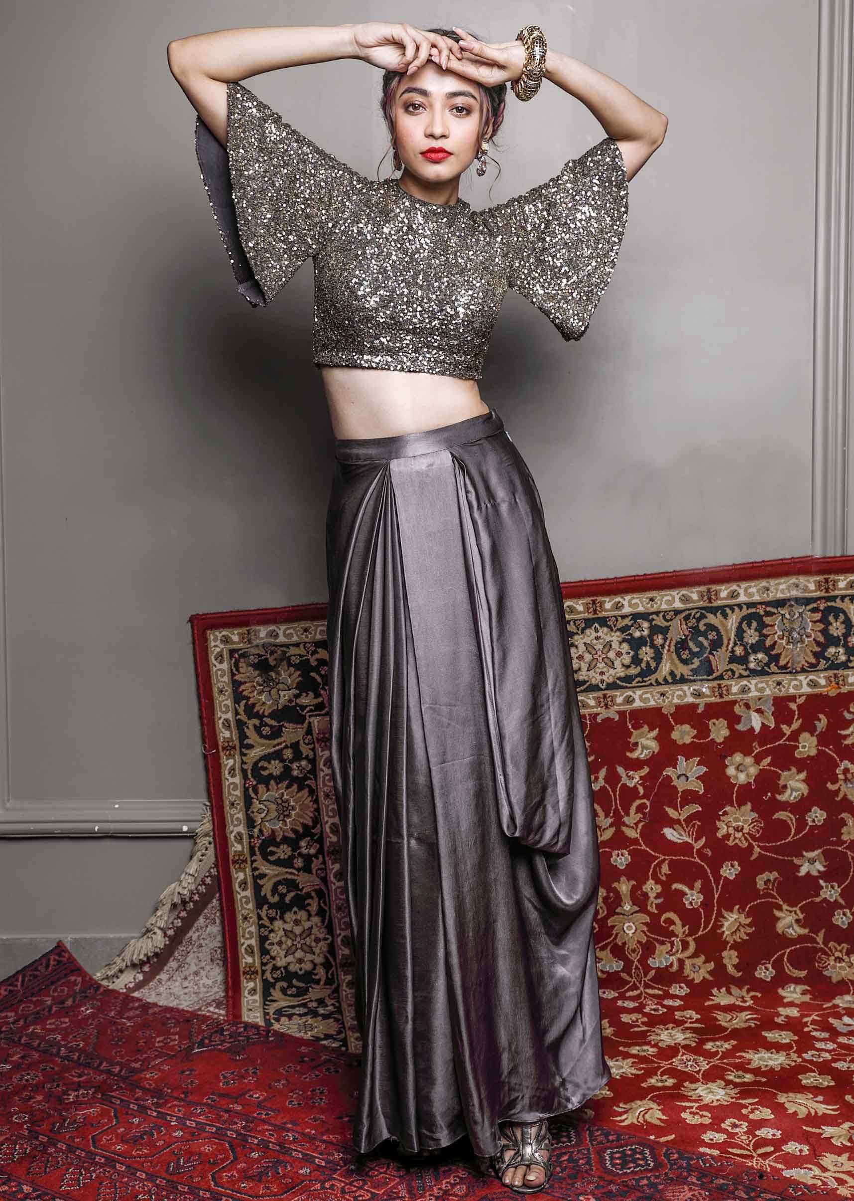 Charcoal Grey Skirt In Satin Silk Teamed With Matching Blouse With Sequins Work Online - Kalki Fashion
