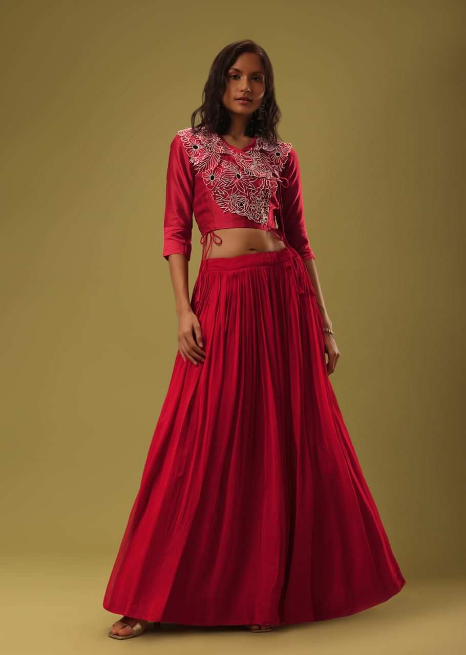 Buy Teal Lehenga In Sequins Fabric Paired With A Ruffled Crop Top Adorned  In Cut Dana And Moti Work Online - Kalki Fashion