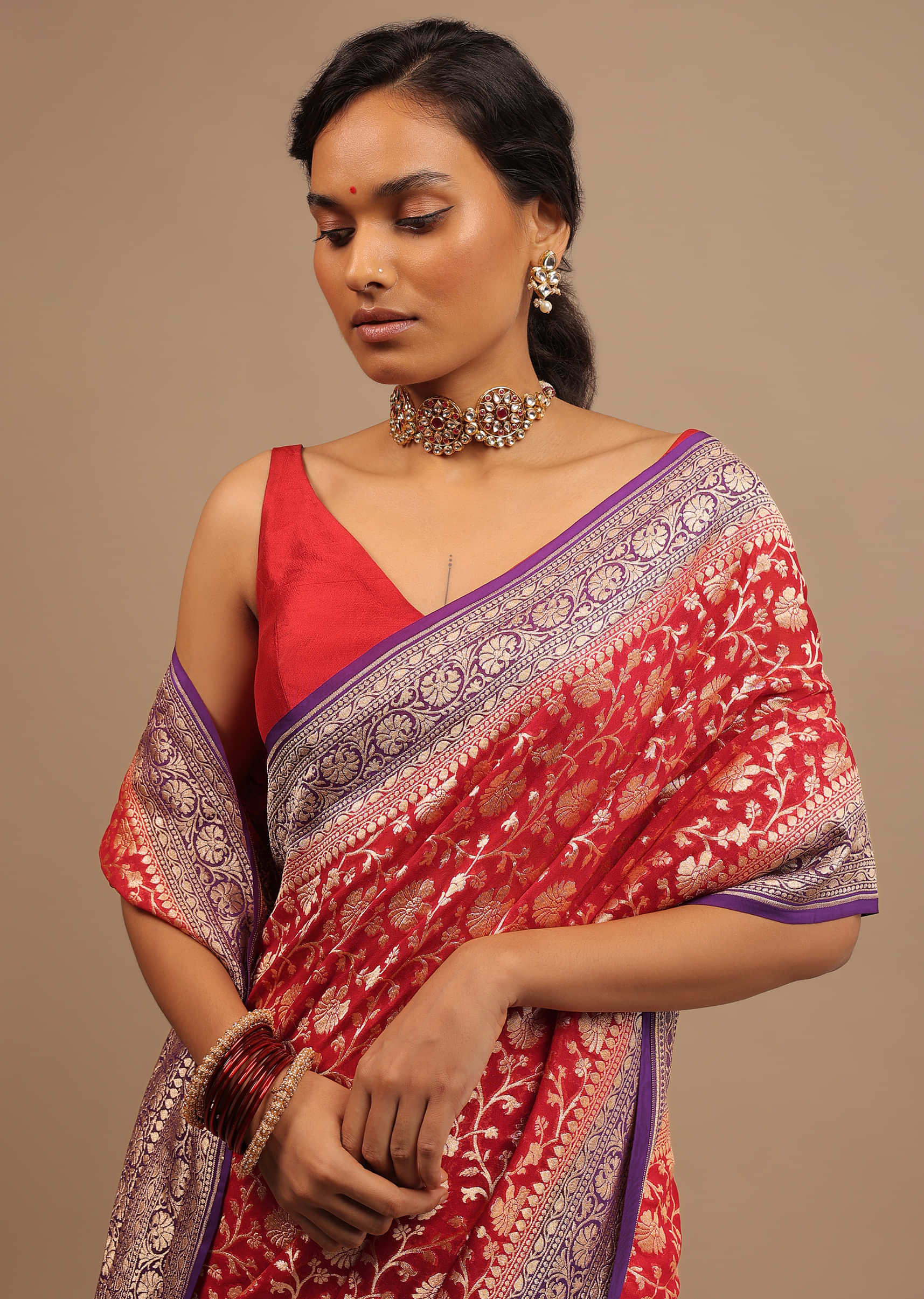 Carmine Red Saree In Georgette With Wine Border And Woven Floral Jaal Work
