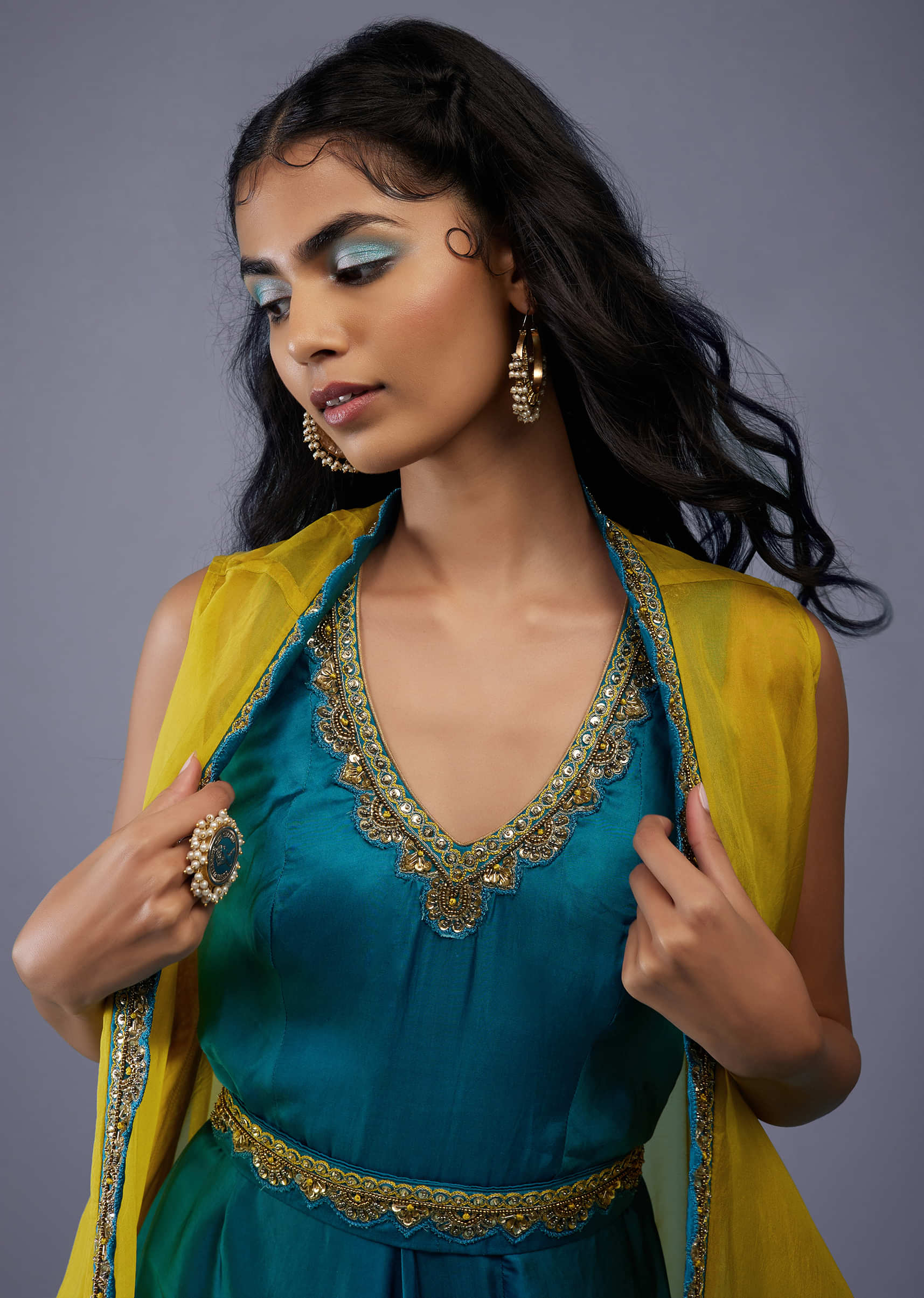 Peacock Green Silk Embroidered Dhoti Jumpsuit With Lime Green Organza Shrug