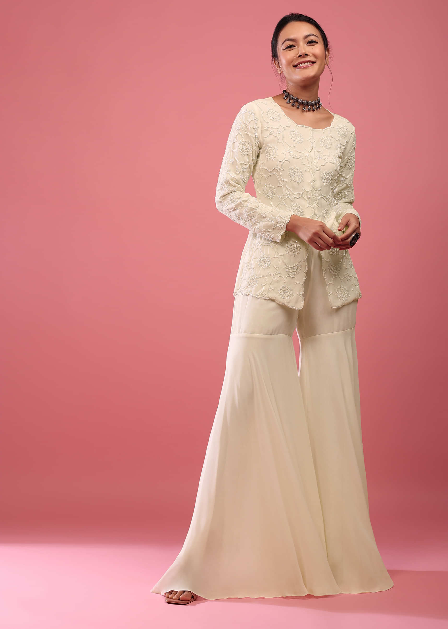 Off-White Sharara Suit In Georgette With Fully Embroidered Top & Flowy Pants