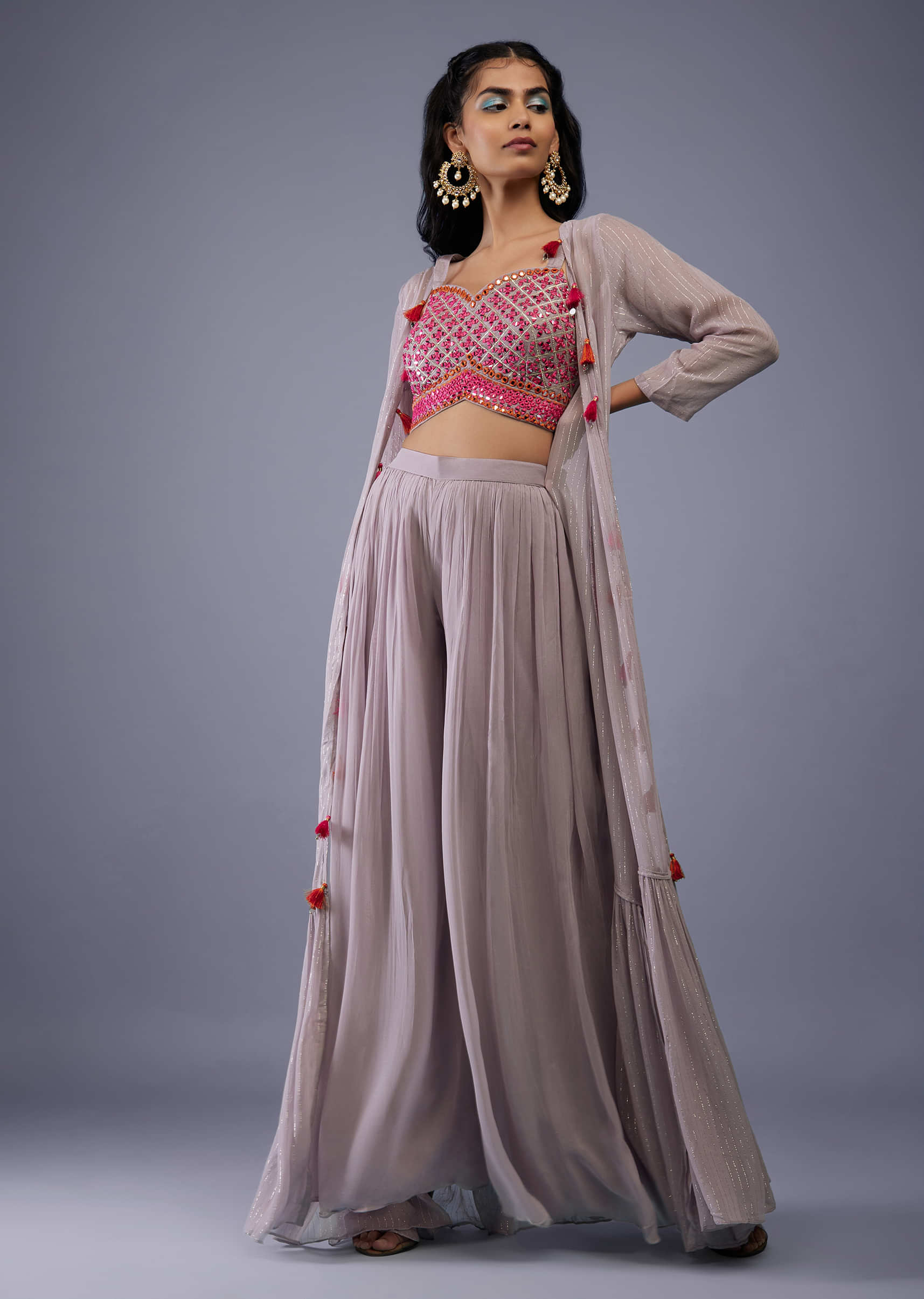 Dusty Pink Embroidered Mirror Crop Top And Palazzo Set In Georgette