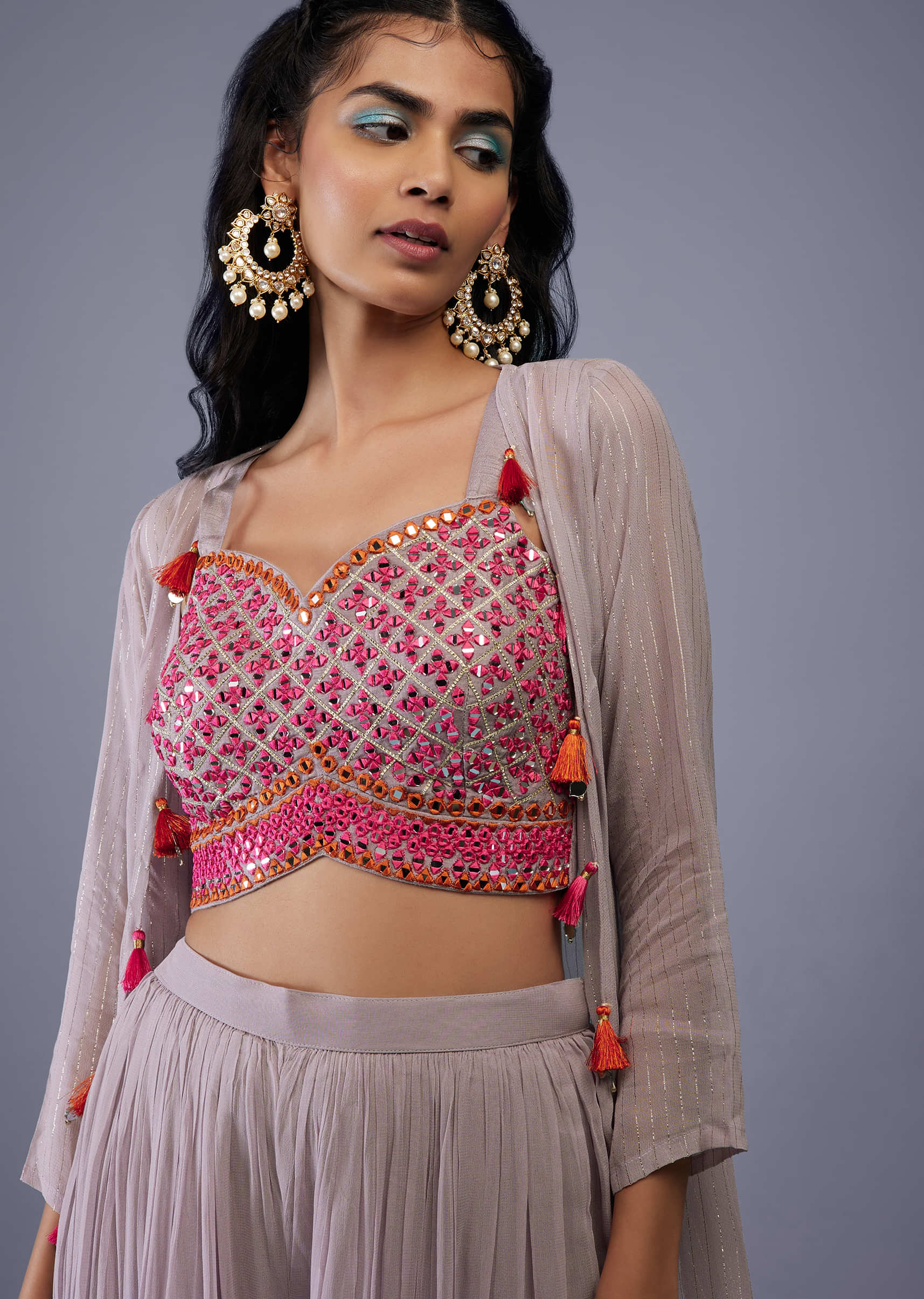 Dusty Pink Embroidered Mirror Crop Top And Palazzo Set In Georgette