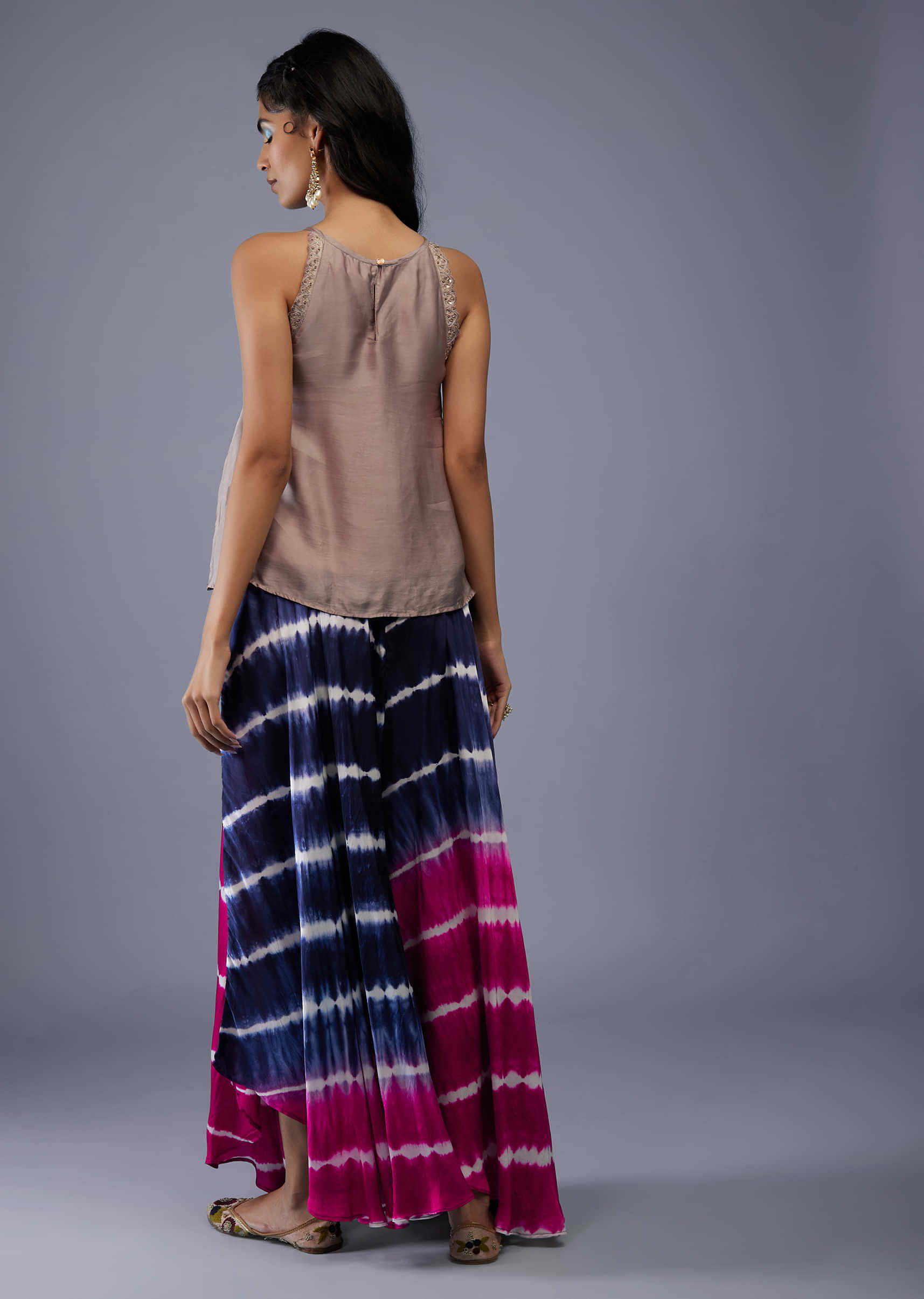 Dusty Pink Embroidered Scallop Top With Rani Pink And Indigo Blue Tie-Dye Flared Palazzo In Silk