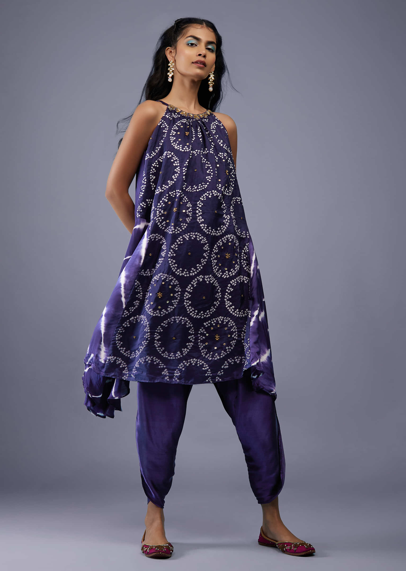 Midnight Blue Silk Bandhani Top With Tie-Dye Side Panel And Silk Dhoti Pants