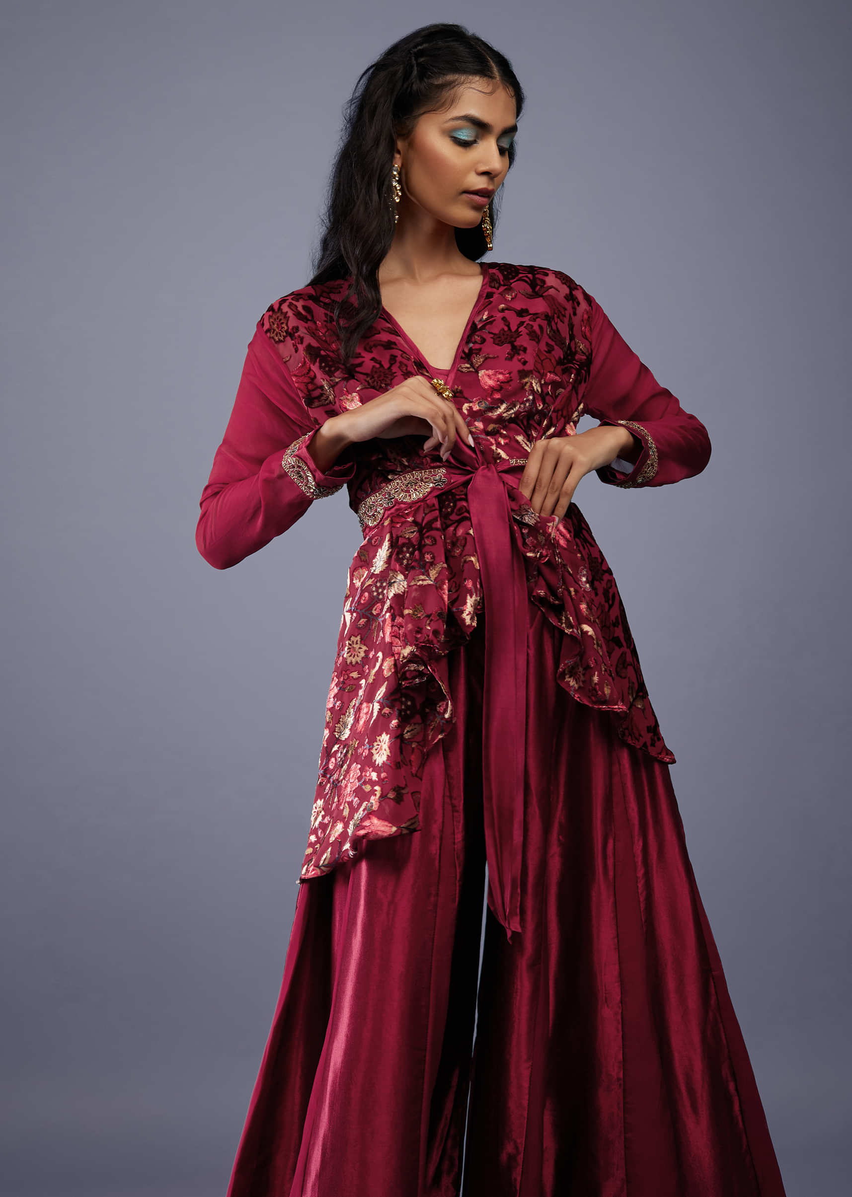Wine Red Floral Wrap Top With Embroidered Belt And Gajji Silk Flared Palazzo