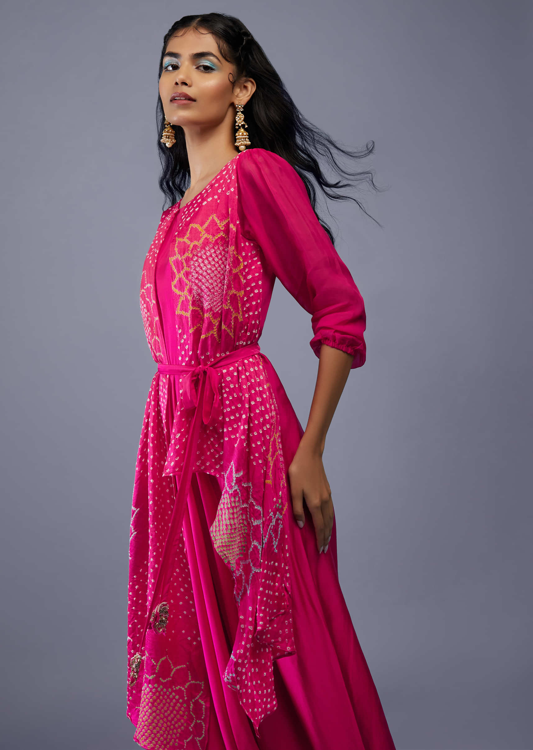 Fuschia Pink Gajji Silk Attached Shrug With Silk Jumpsuit
