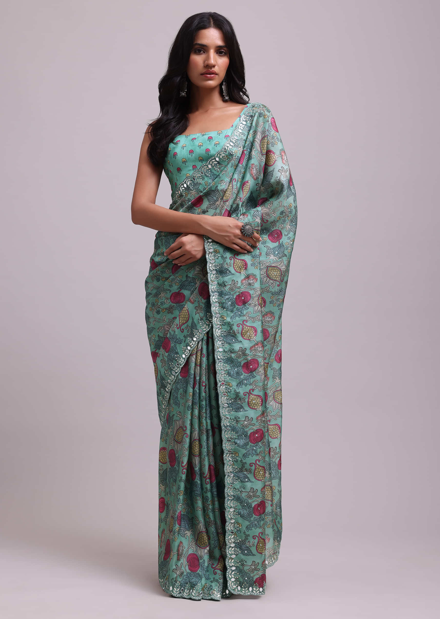 Buy Pista Green Muslin Fabricated Saree With Floral Print And Gota Patti  Work KALKI Fashion India