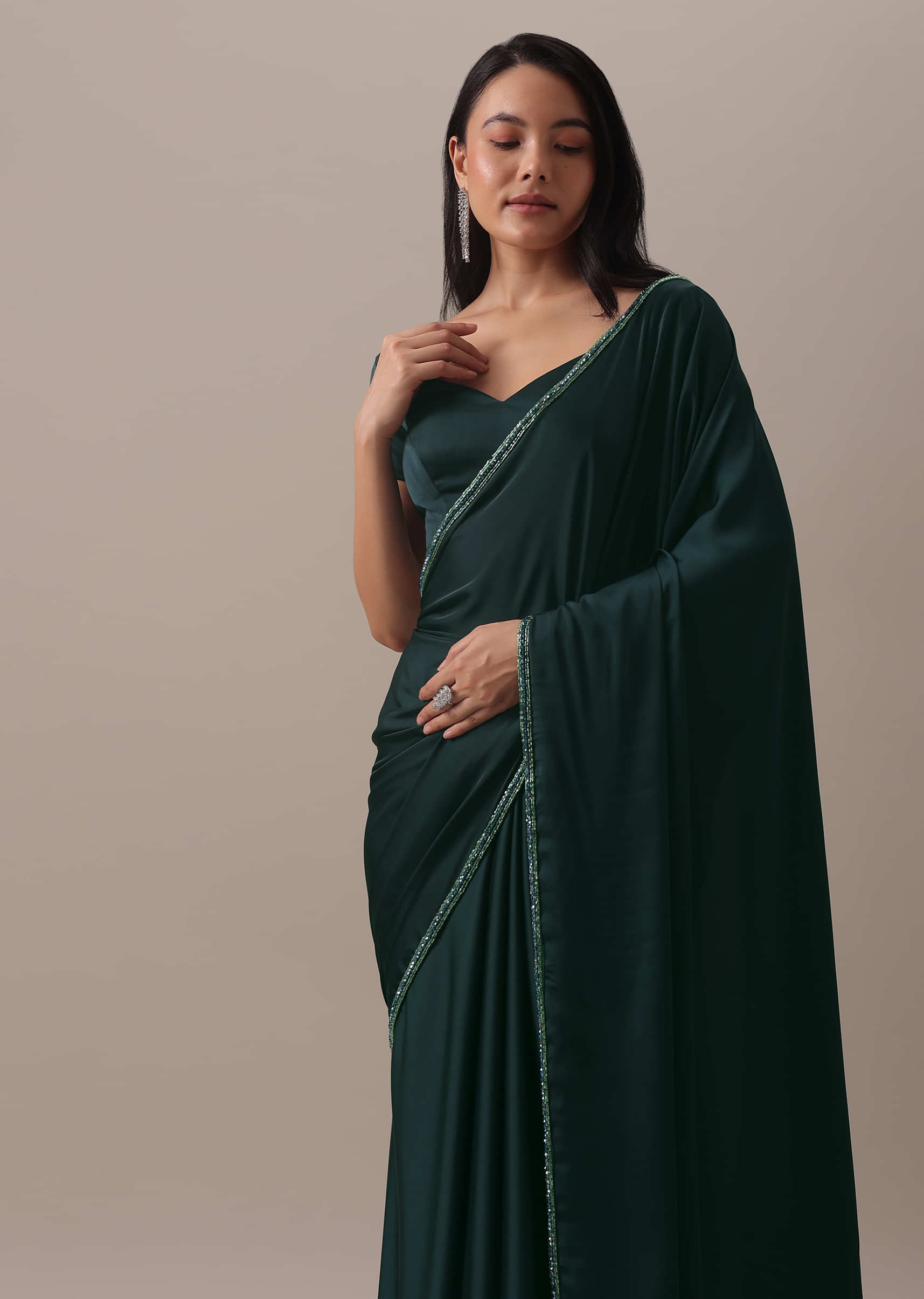 Embroidered Blouse and Plain Saree with Border -