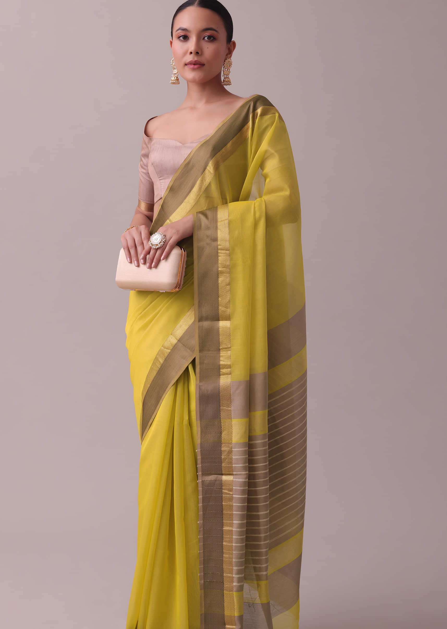 Buy Canary Yellow Handloom Chanderi Silk And Cotton Saree With Zari Work