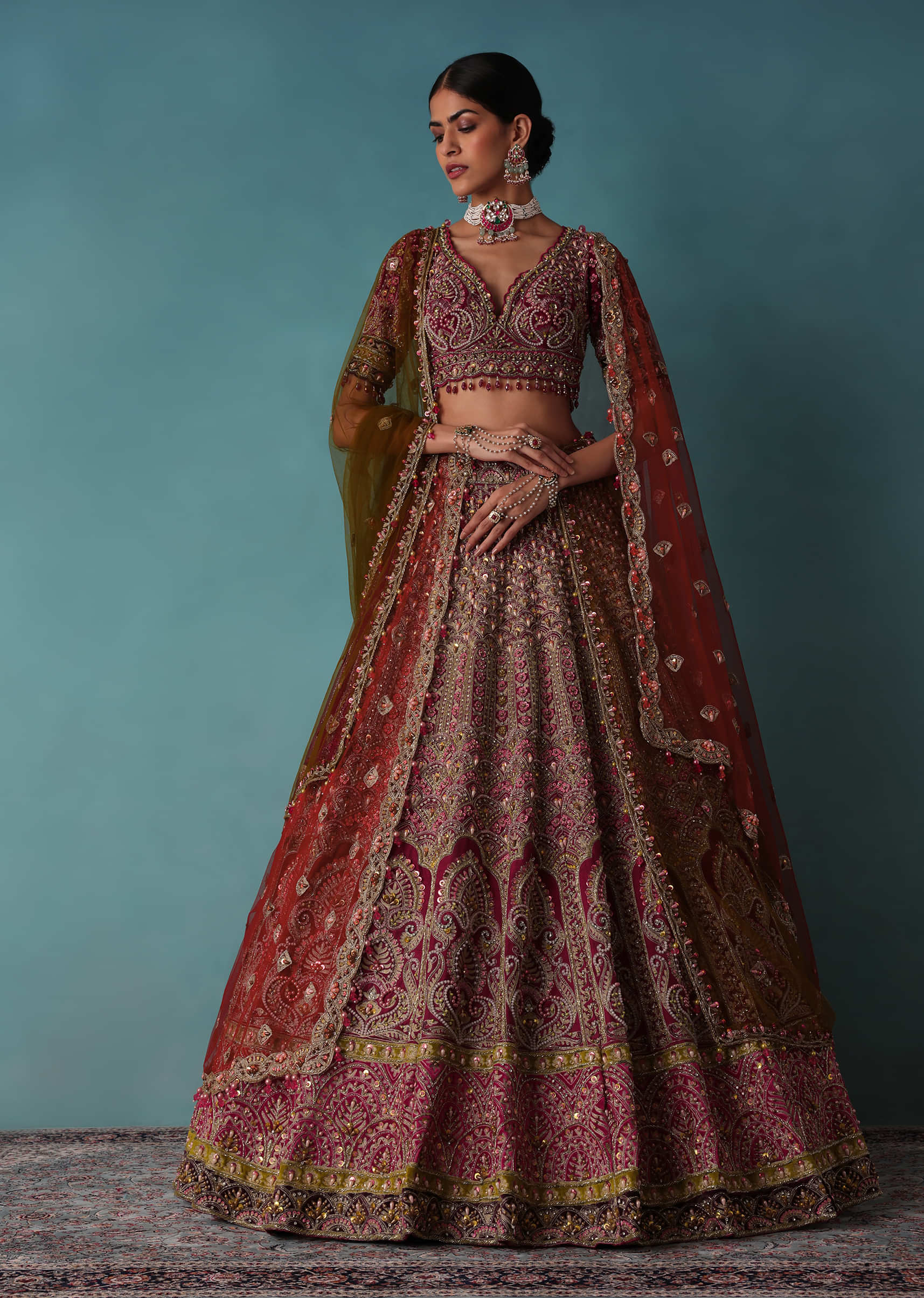 Blue and Pink Bridal lehenga with zardosi and Swarovski work – Ricco India