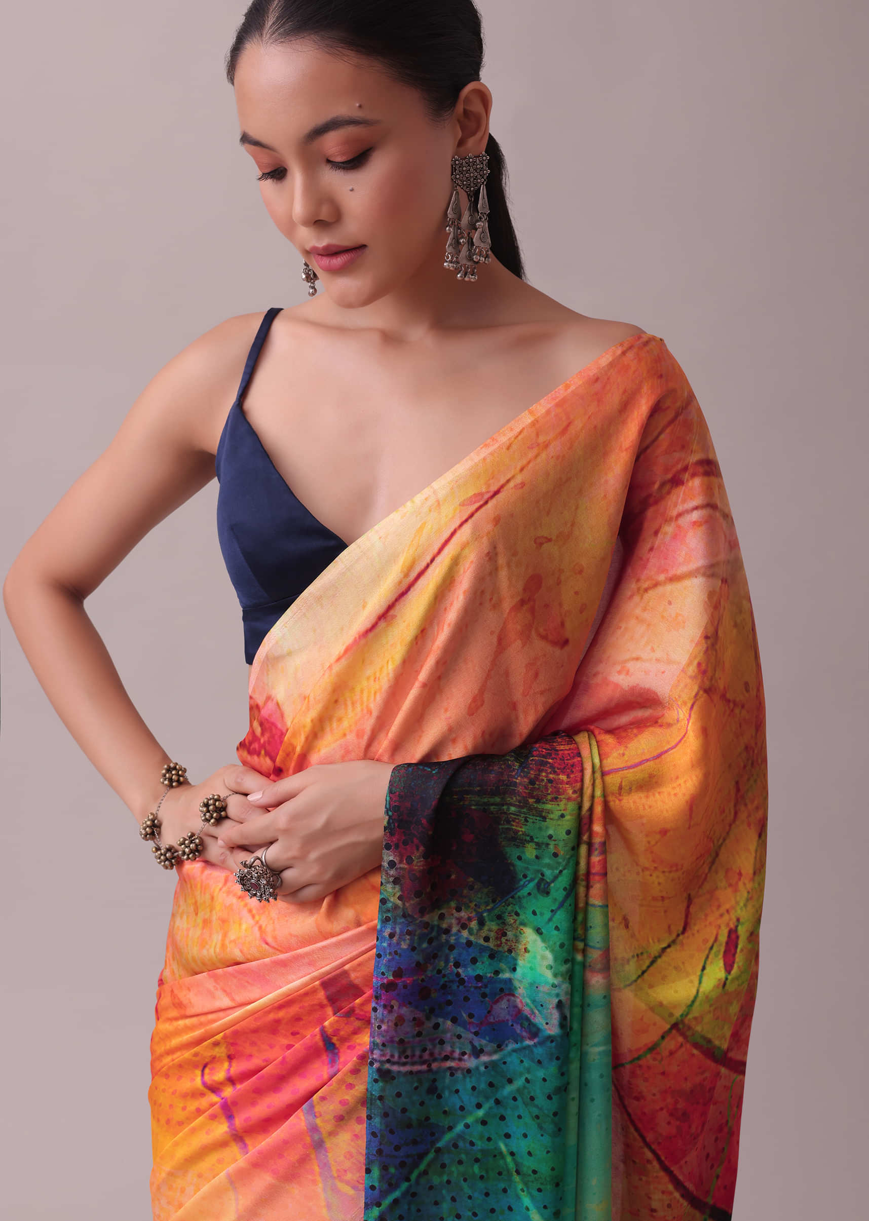 Off White Georgette Saree With Cut Dana Zardosi Embroidery Along With  Copper Detailing