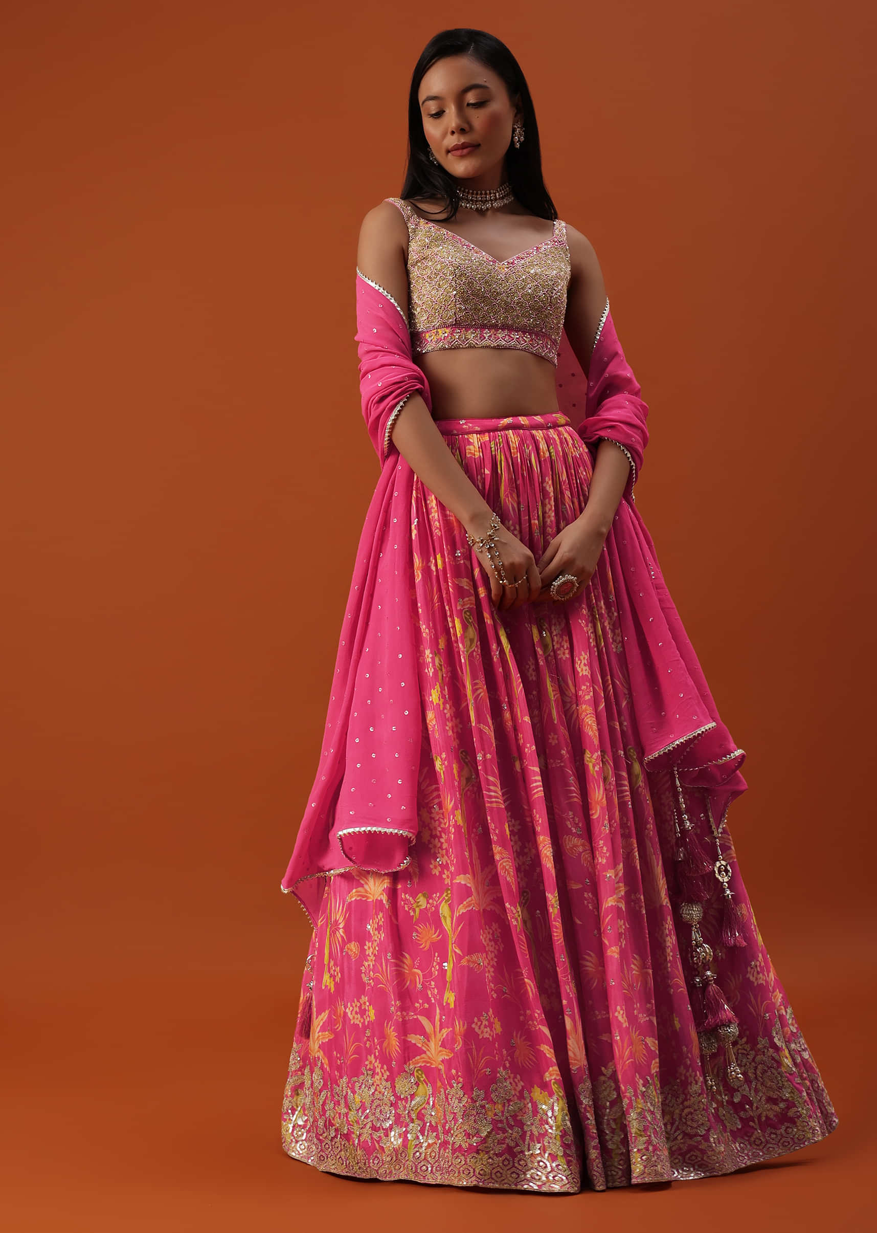 Buy Hot Pink Lehenga And Blouse In Chinon With Floral Work