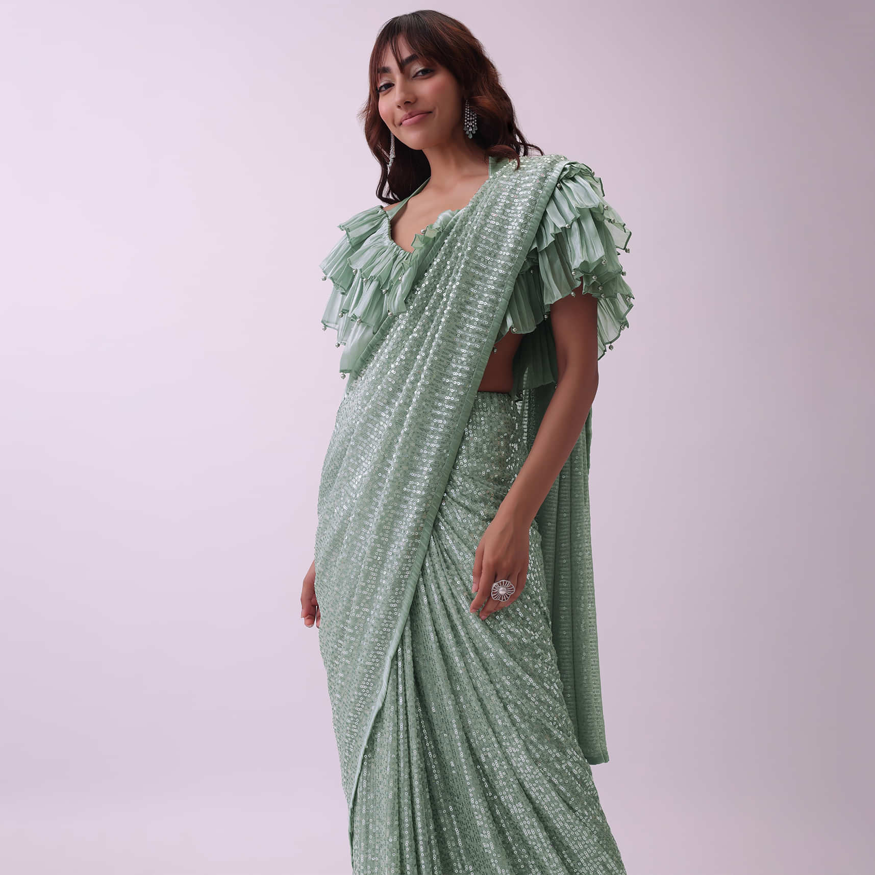 Buy Ruffle Saree With Blouse/ Green Ruffle Saree With Stitched