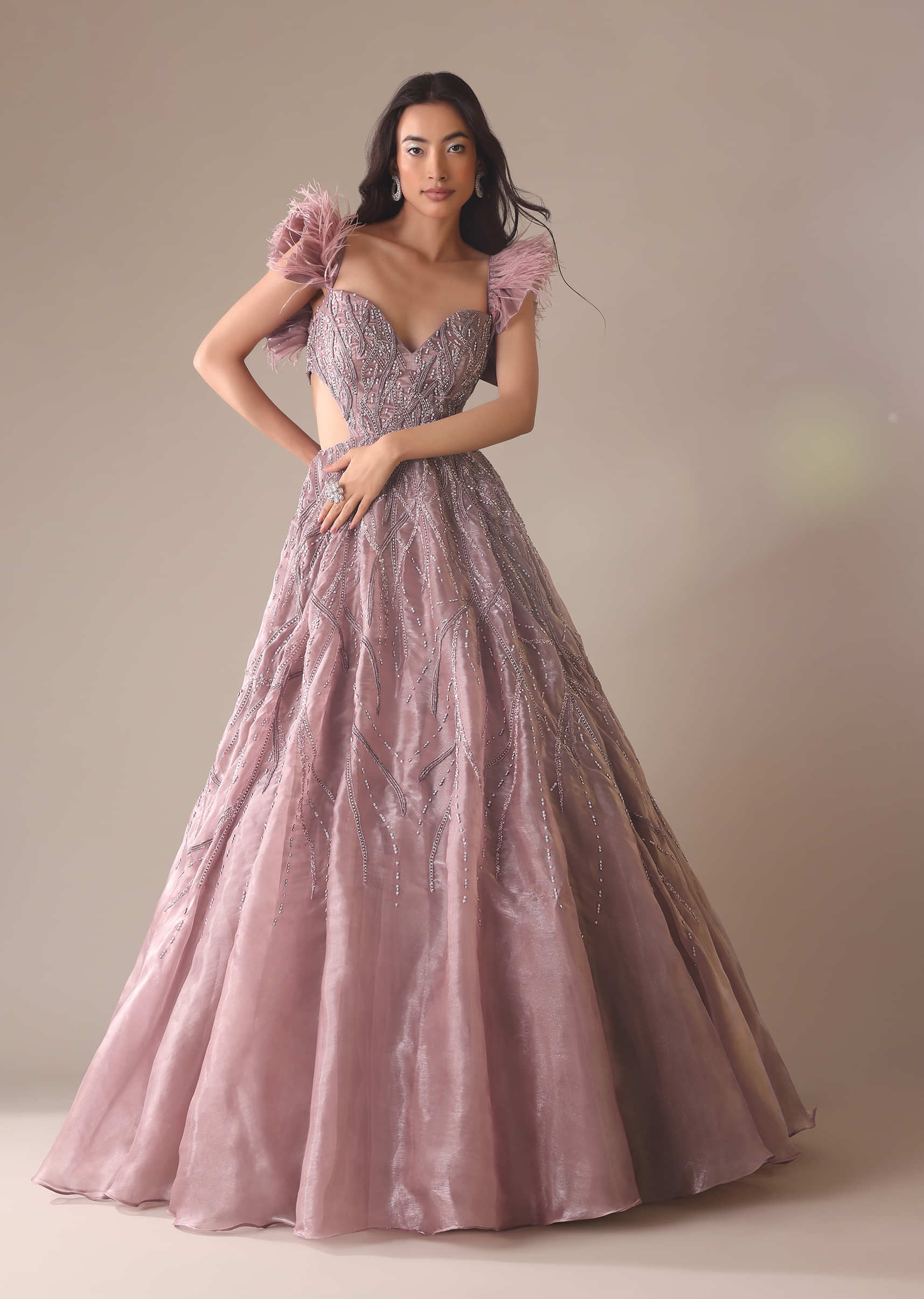 Buy Onion Pink Bridal Gown With Feathered Sleeves And Heavy