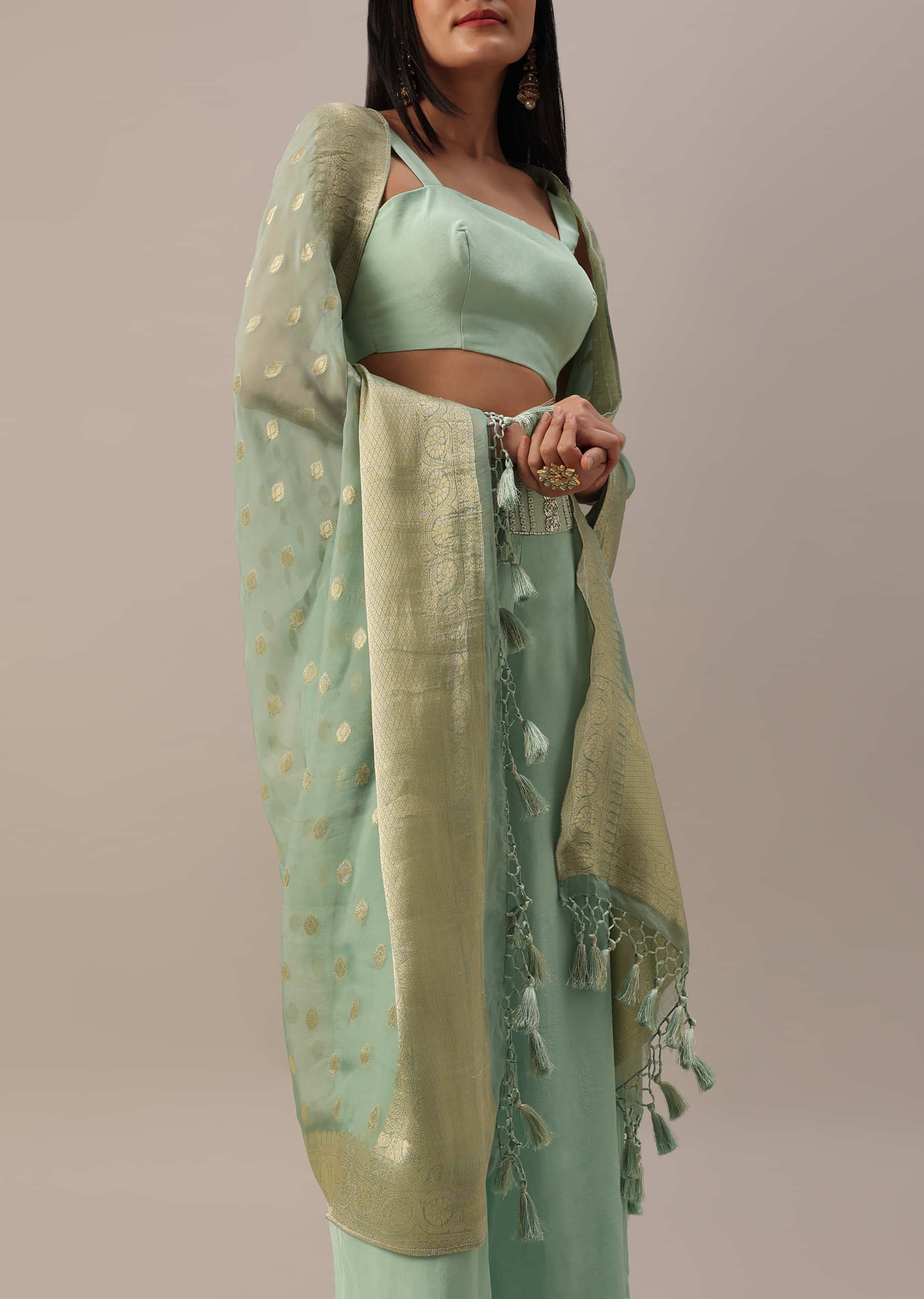 Peacock Green Shapewear Saree Petticoat In Cotton Lycra With Elastic  Waistband And Slit