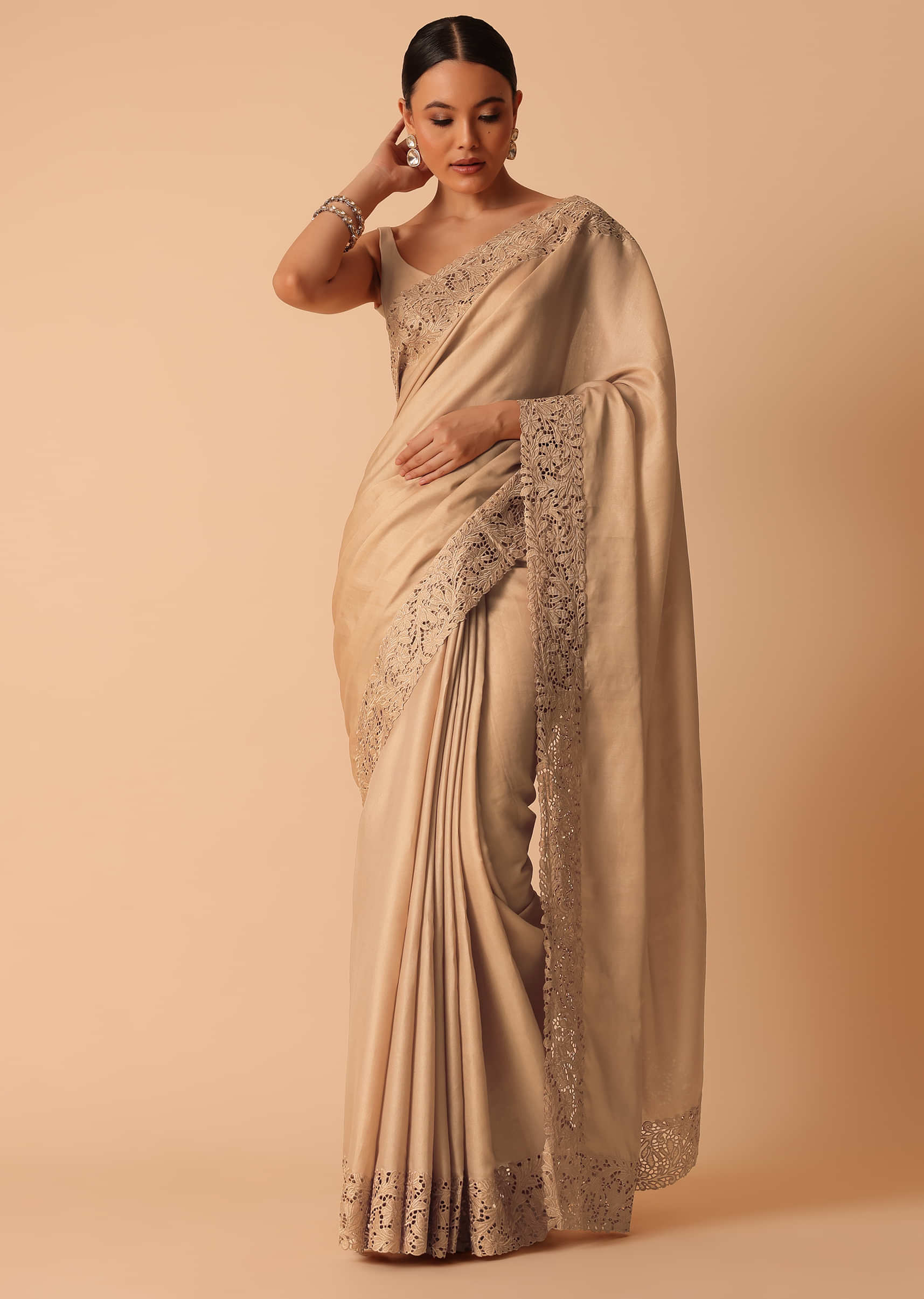 Beige glass silk plain saree with heavy embroidred & sequince blouse, lace  border saree with blouse