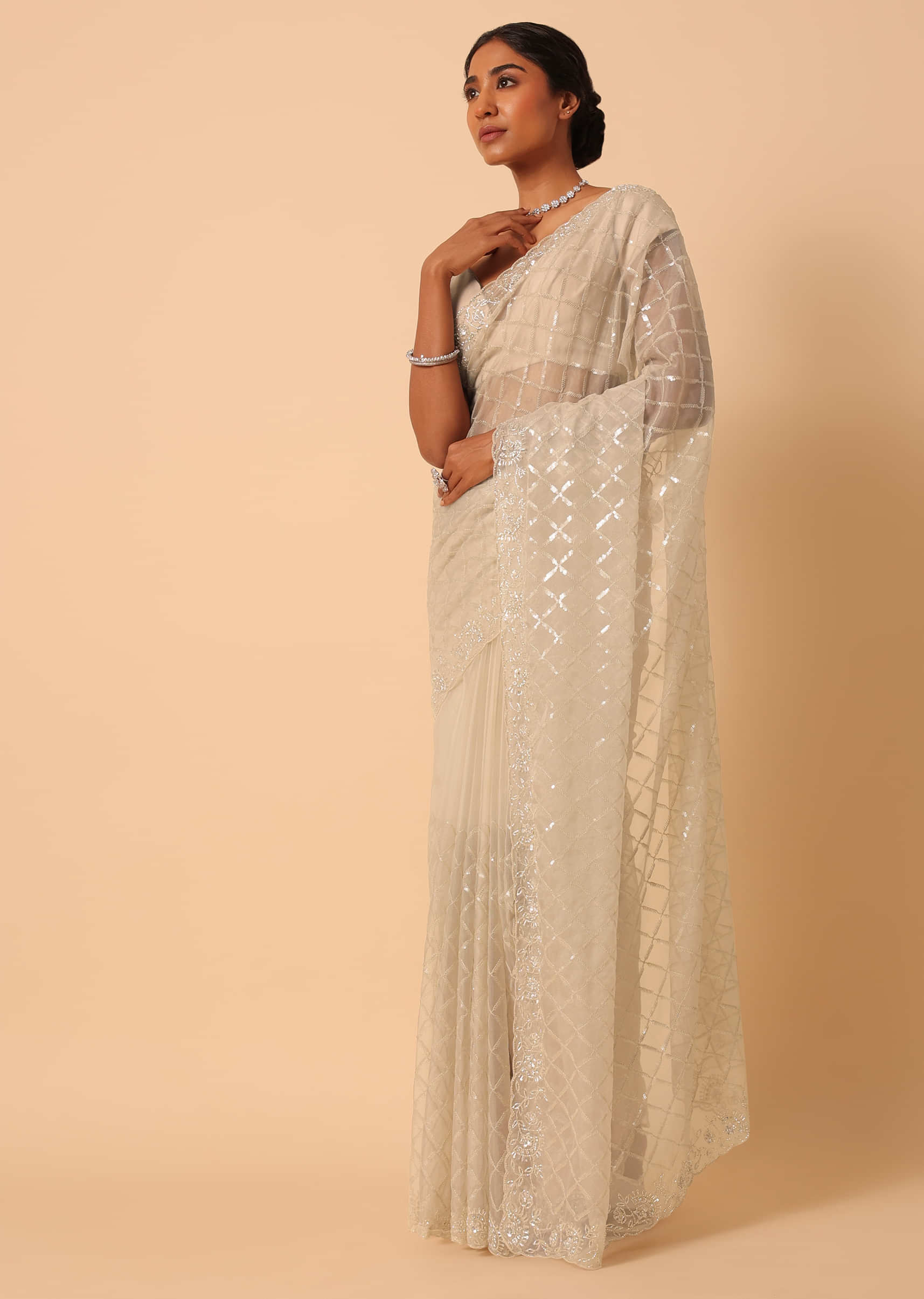 Buy Mouse Grey Sequin Saree In Organza With Cutdana Work And