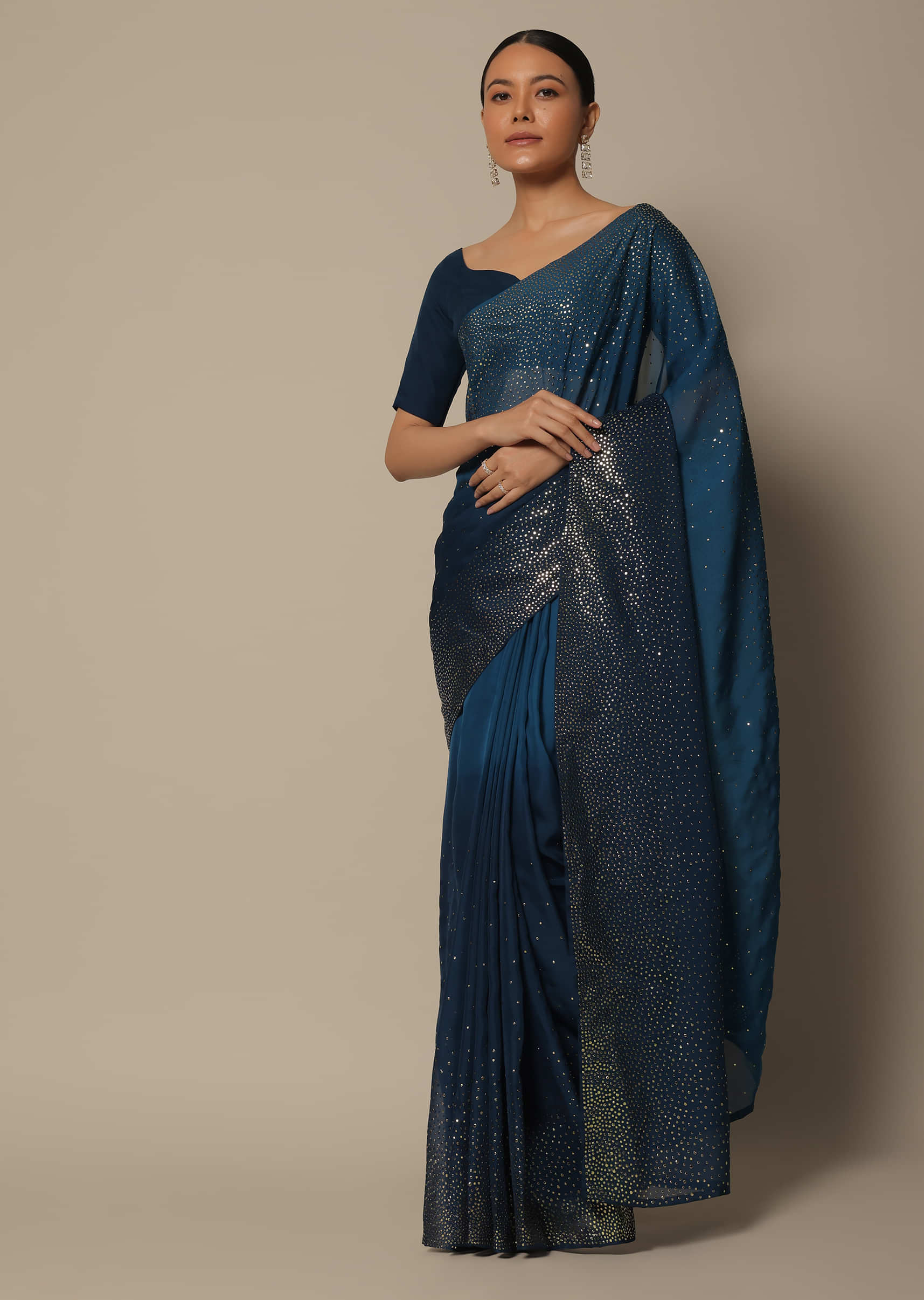 Navy Blue Saree With Badla Work And Unstitched Blouse Piece