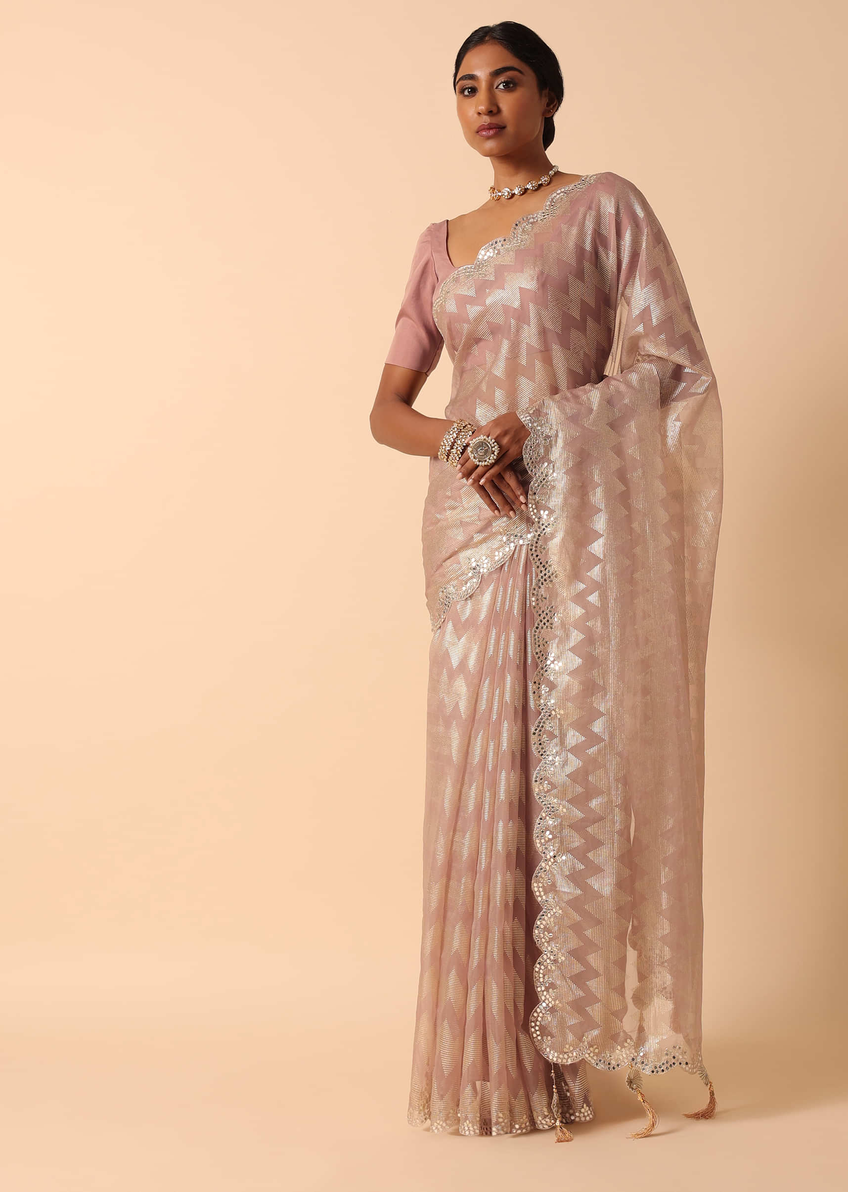 Pink Satin Saree With Belt And Unstitched Blouse Piece
