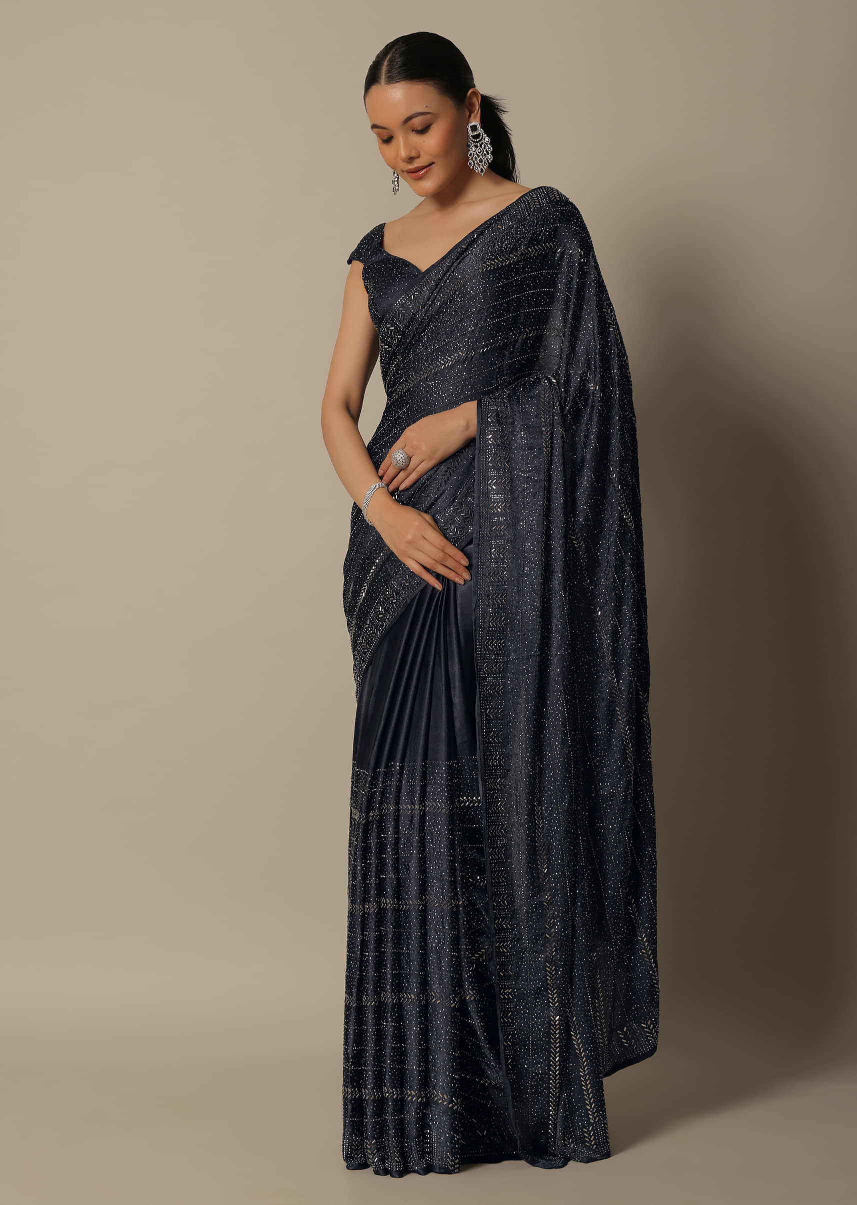 Buy Grey Georgette Saree With Badla Work And Unstitched Blouse Piece-Kalki  Fashion India