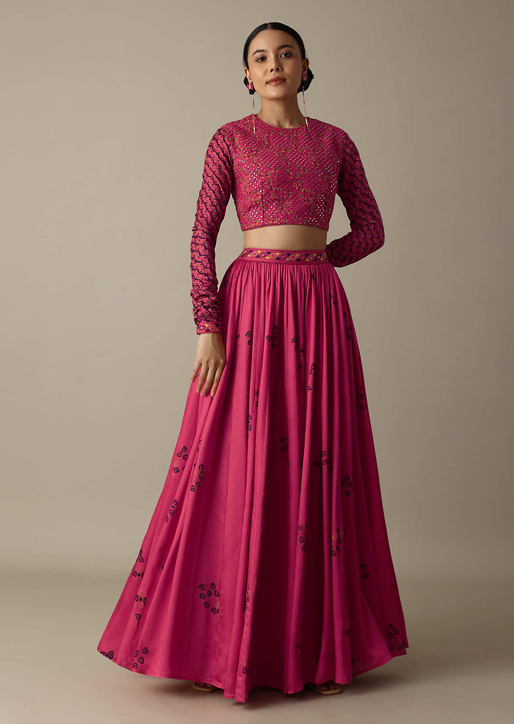 Buy Pink Printed Silk Skirt With Embroidered High-Neck Crop Top