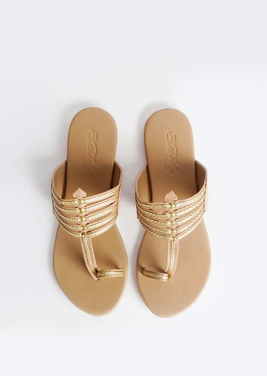 Nude Kolhapuri Flats With Gold Braiding And Gold Rivet  By Sole House