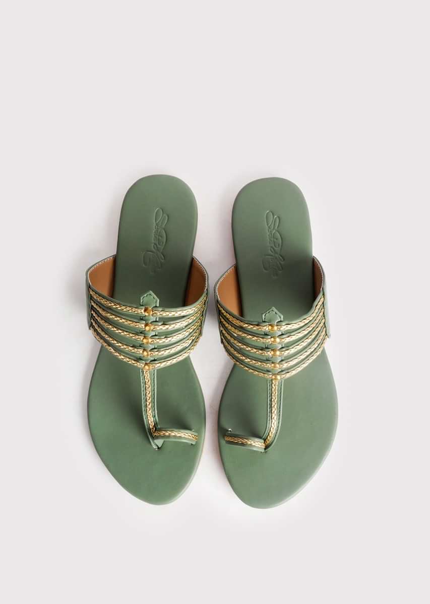 Buy Olive Green Kolhapuri With Gold Braid And Gold Rivets By Sole House