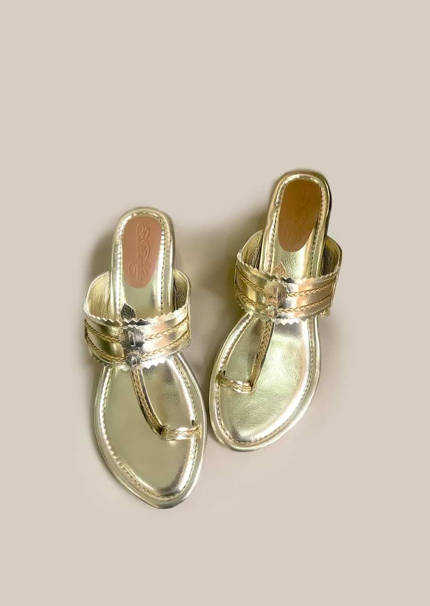 Gold Kolhapuris With Block Heel And Braded Design By Sole House