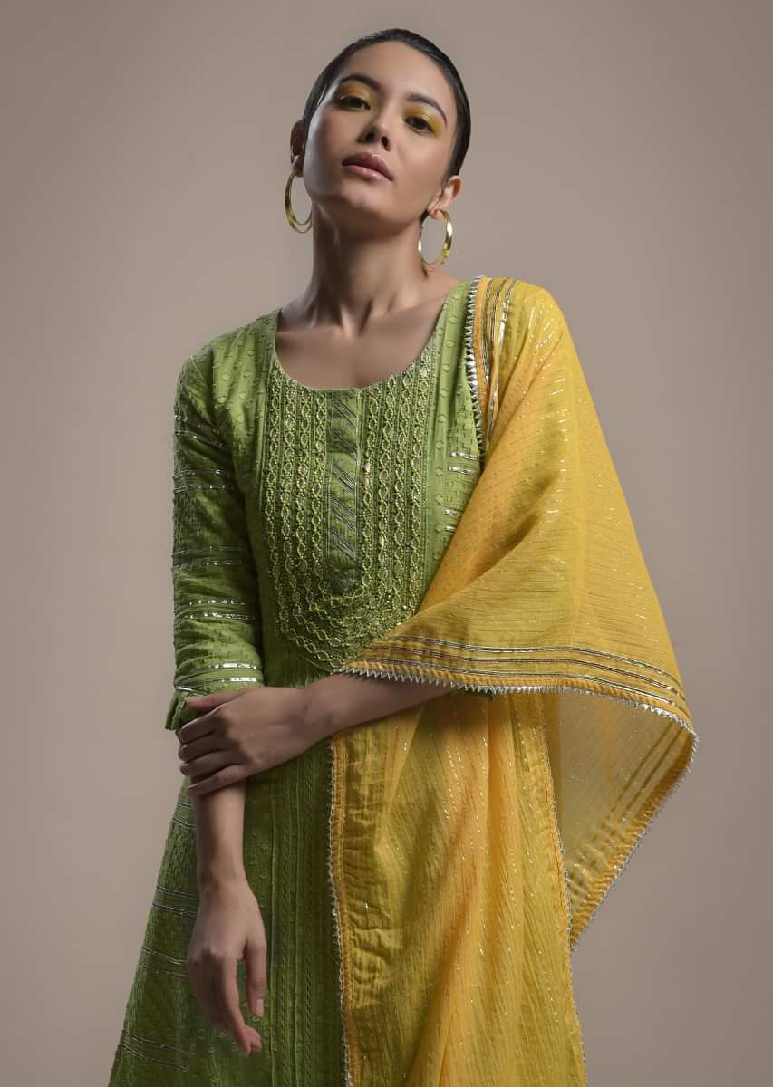 Buy Grass Green Straight Cut Suit In Cotton With Woven Geometric Motifs ...