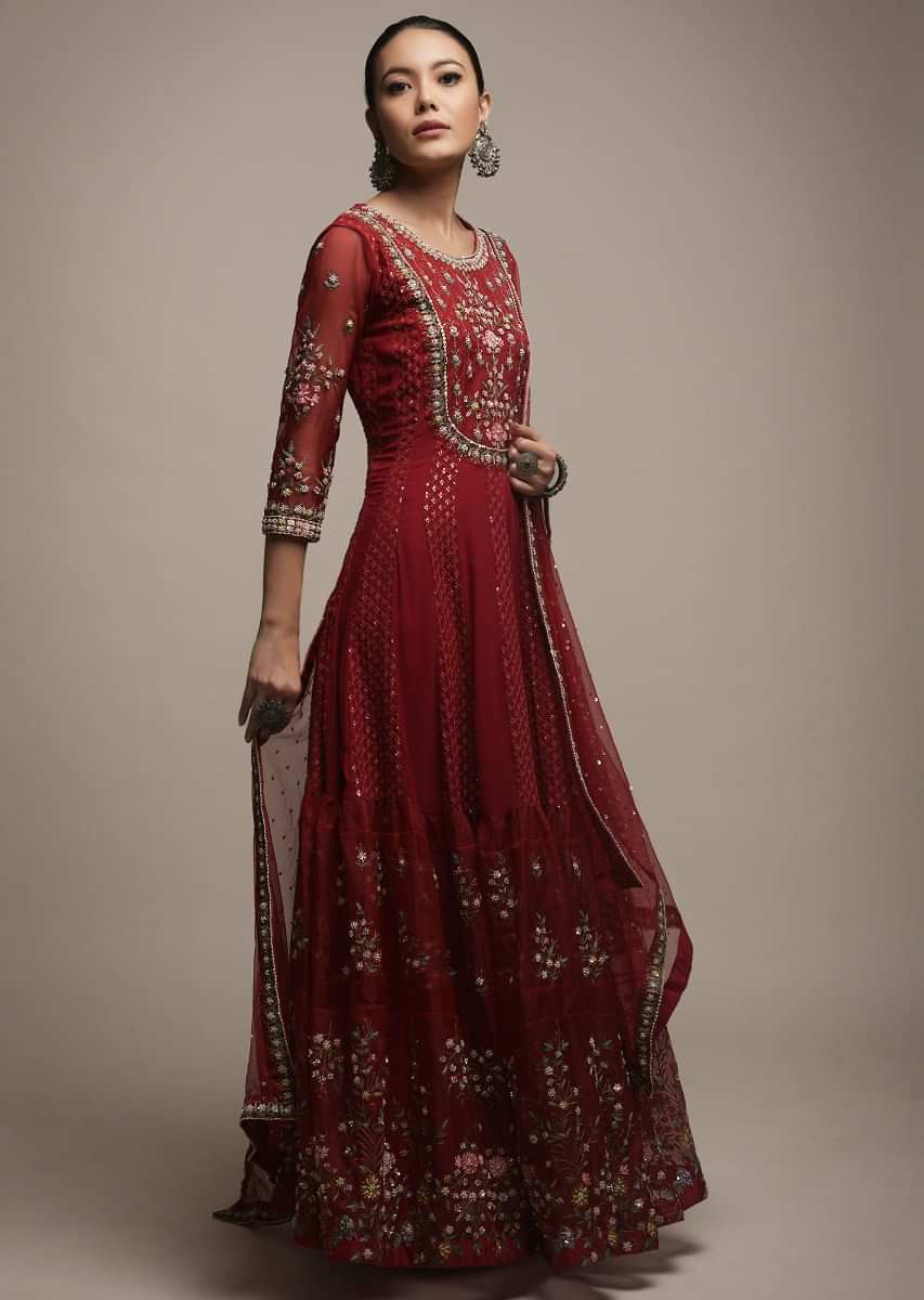 Buy Blood Red Anarkali Suit In Georgette With Organza Tiers Adorned In ...