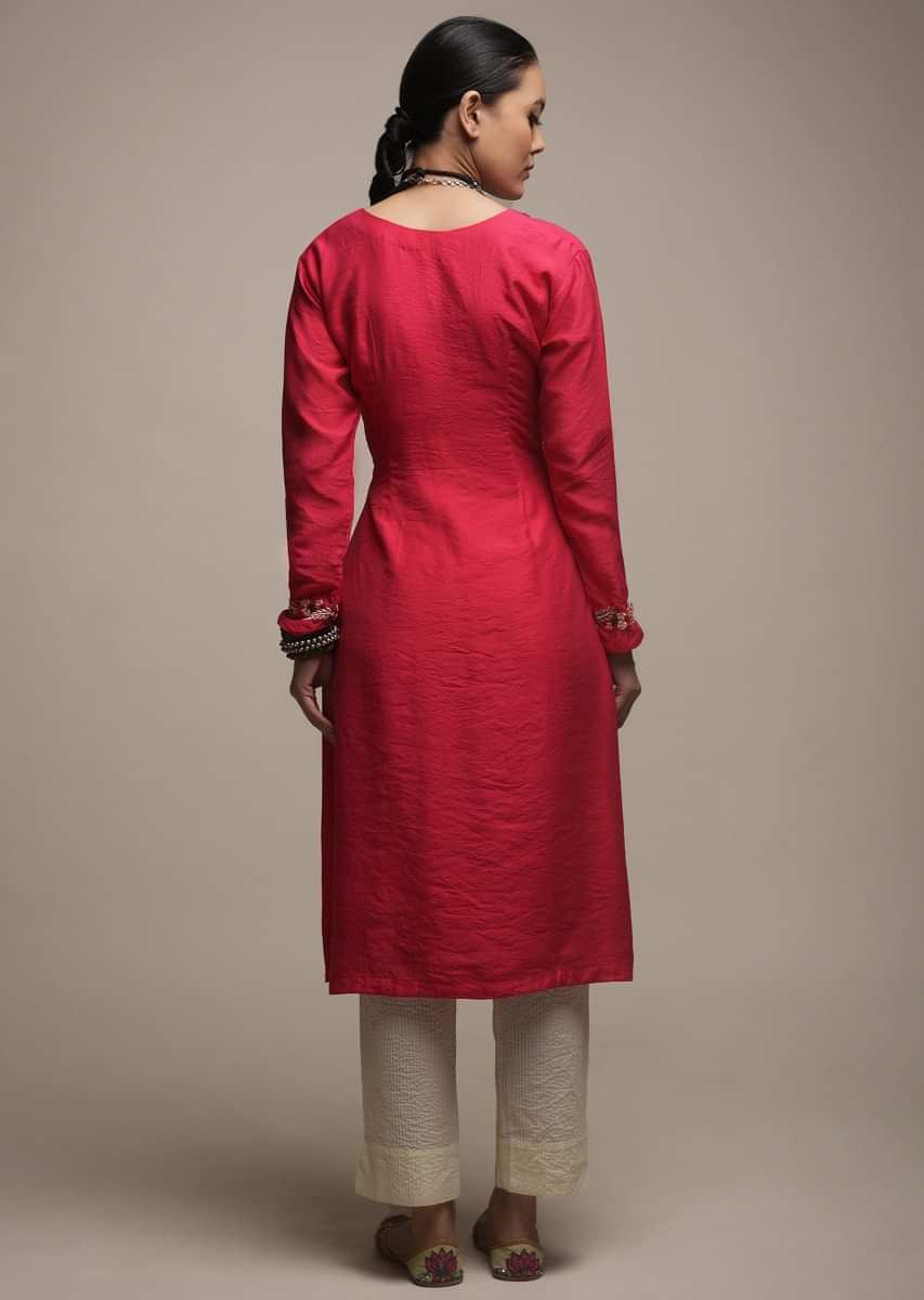 Fuchsia Pink Kurti Set In Cotton With Colorful Thread And Moti Embroidered Floral Design  