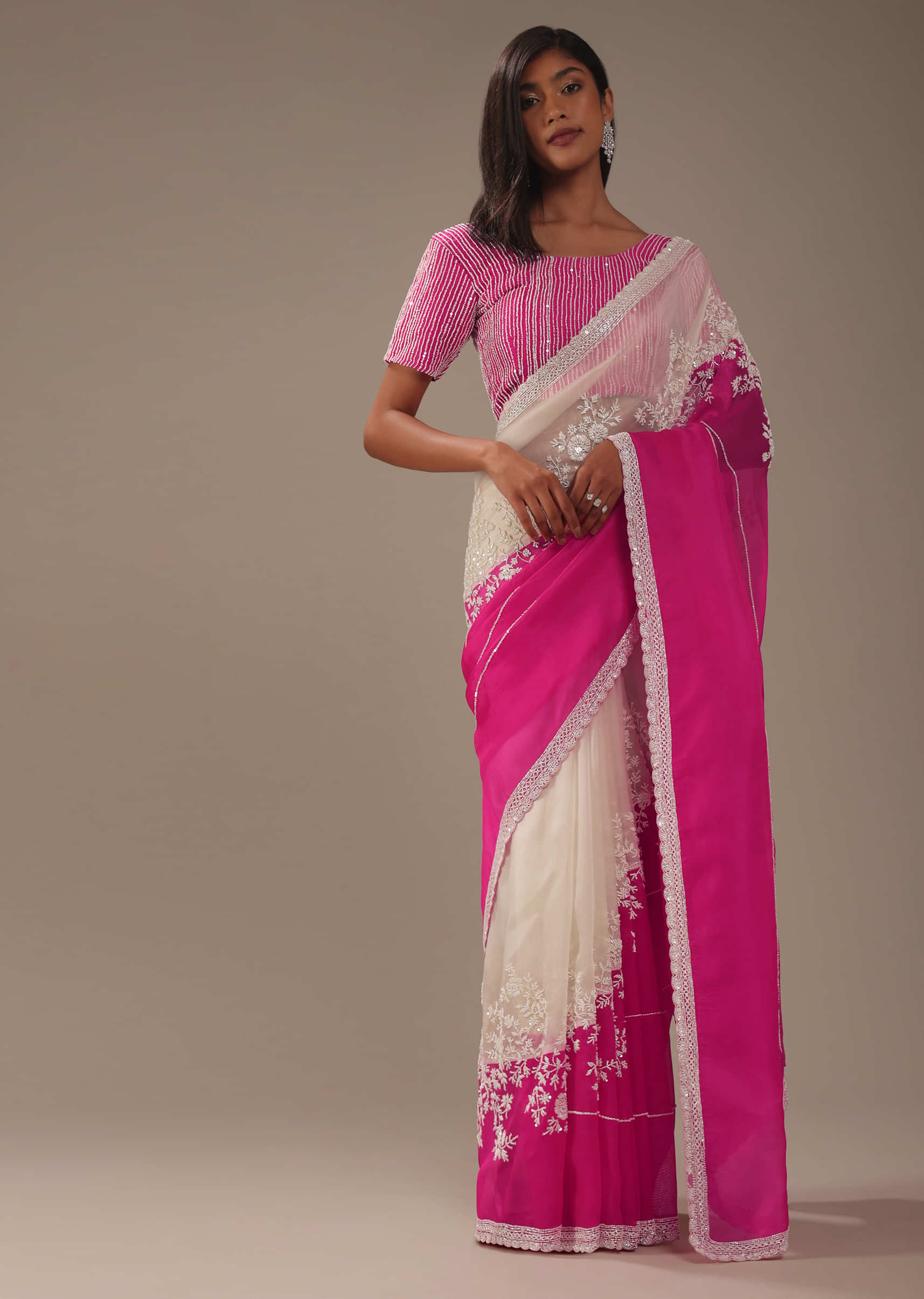 Carnation Pink Pure Tussar Georgette Silk Banarasi Handloom Saree - Tilfi