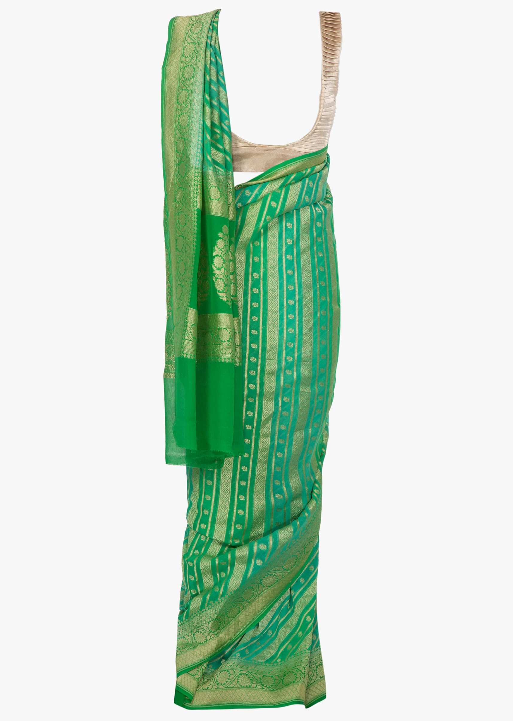 Shaded Green georgette saree with weaved work in stripes and floral butti