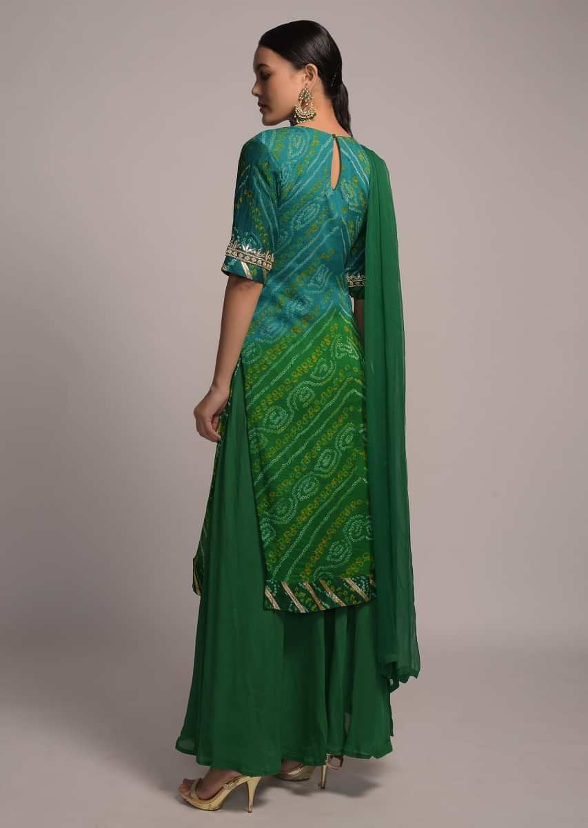 Shaded Green Straight Cut Sharara Suit With Bandhani Print And Gotta Patti Work Online - Kalki Fashion