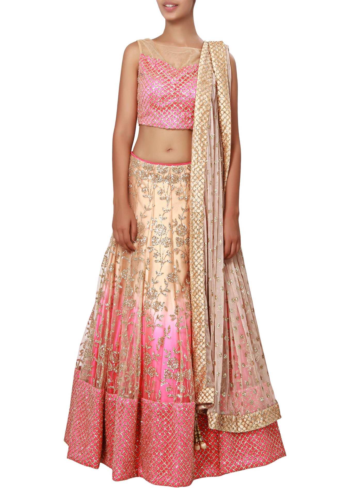 Shaded lehenga in pink and beige enhanced in sequin embroidery only on Kalki