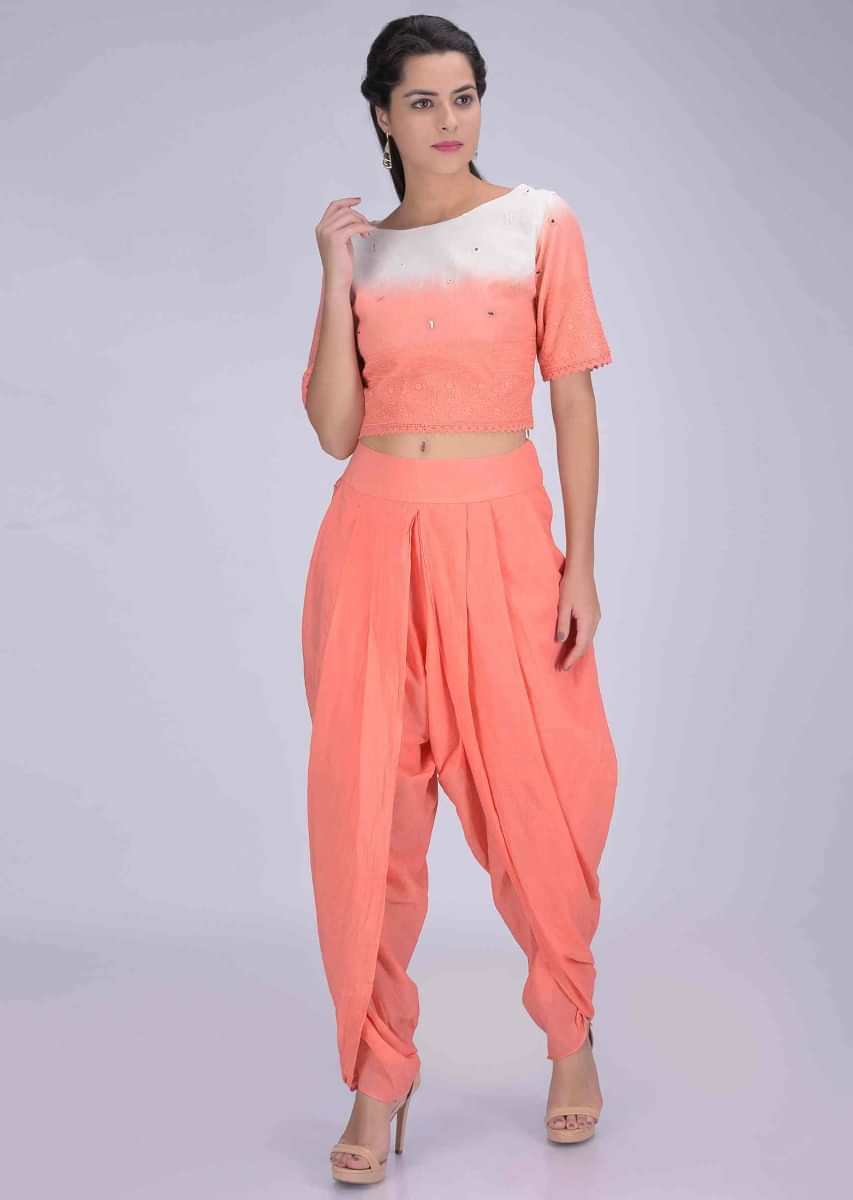Shaded Lei Flower Peach Crop Top And Dhoti Set In Cotton  