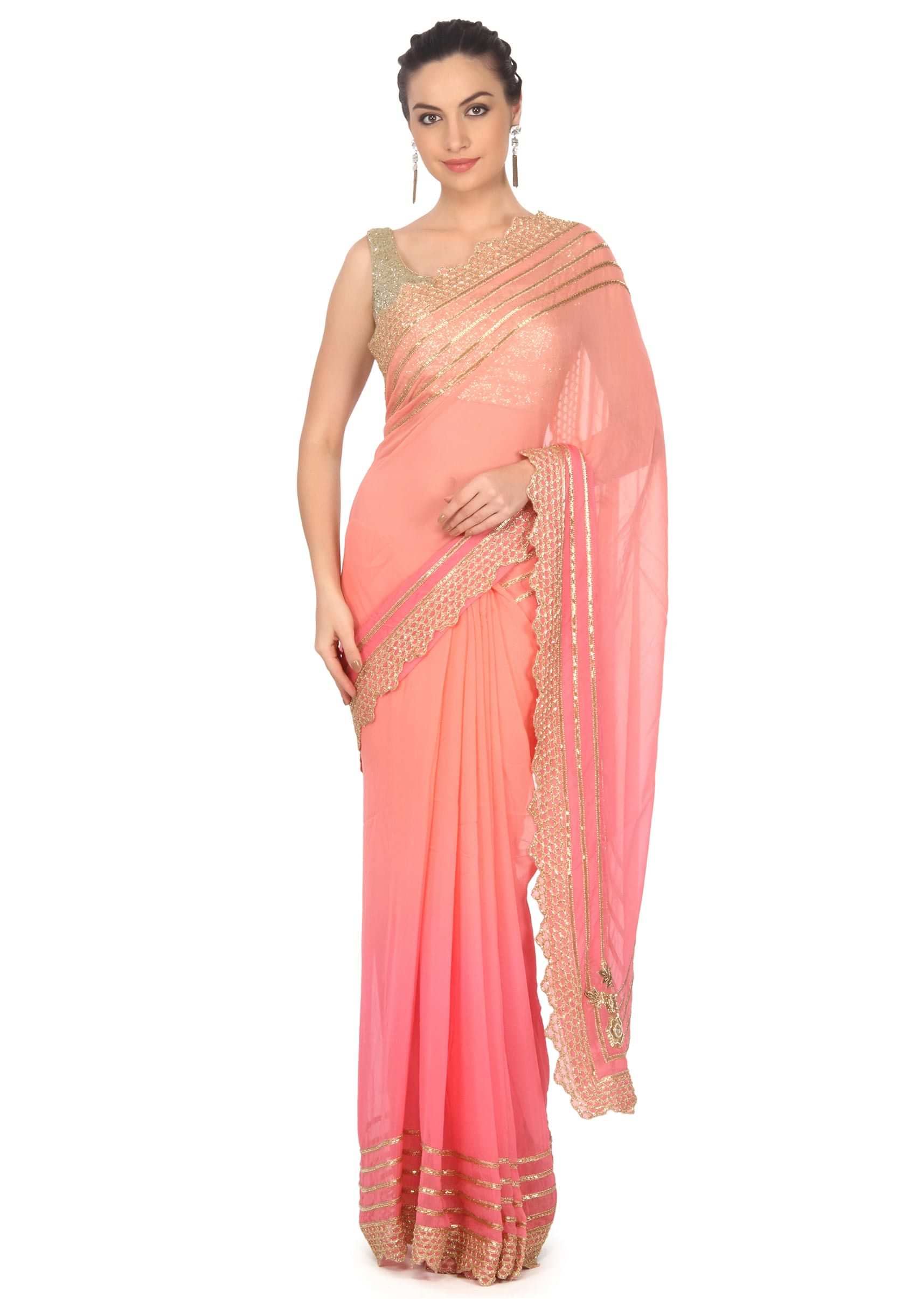Shaded saree in pink and peach with kardana embroidery only on Kalki