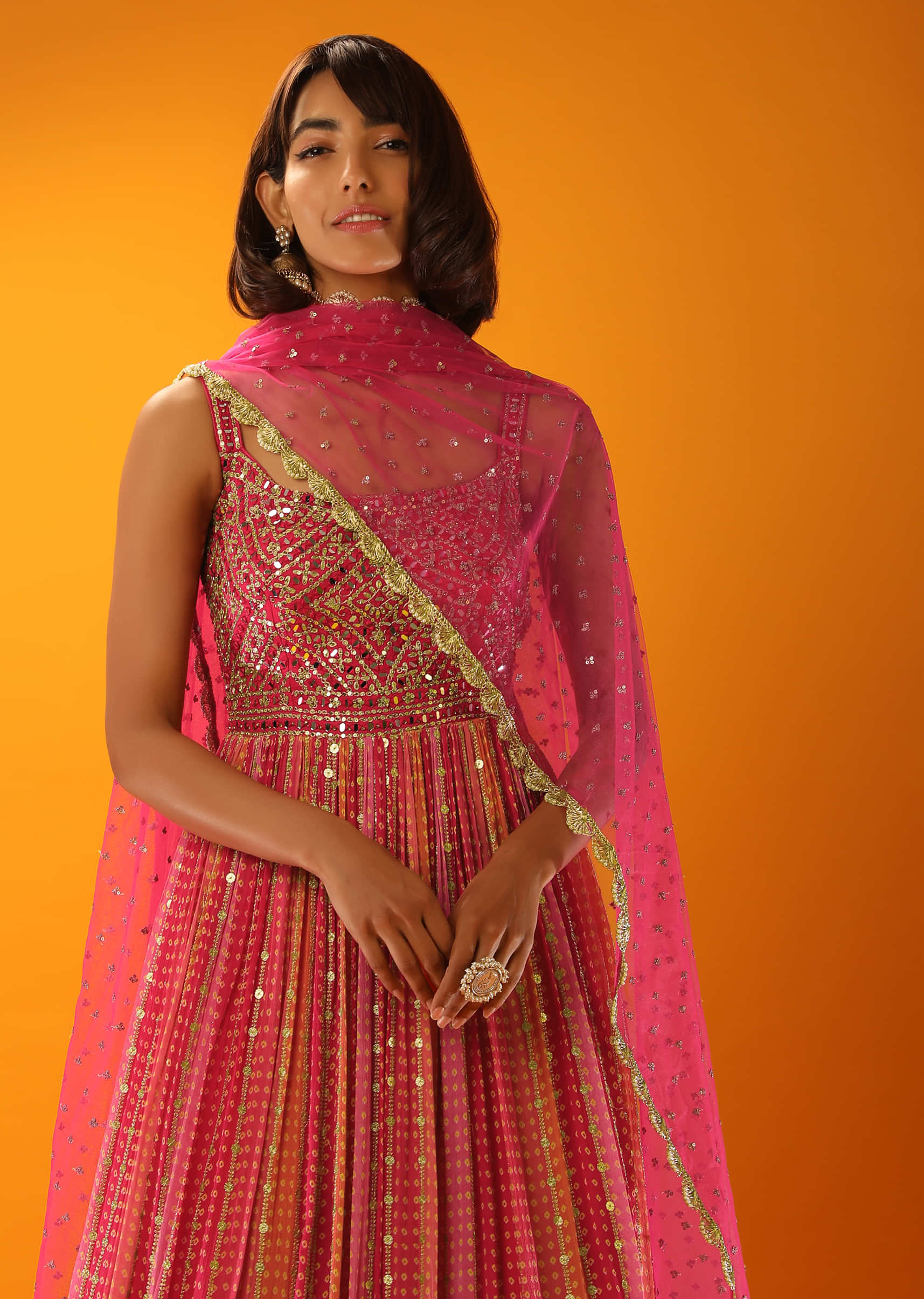 Shaded Pink Anarkali Suit With Bandhani Print And Mirror Abla Embroidered Bodice  