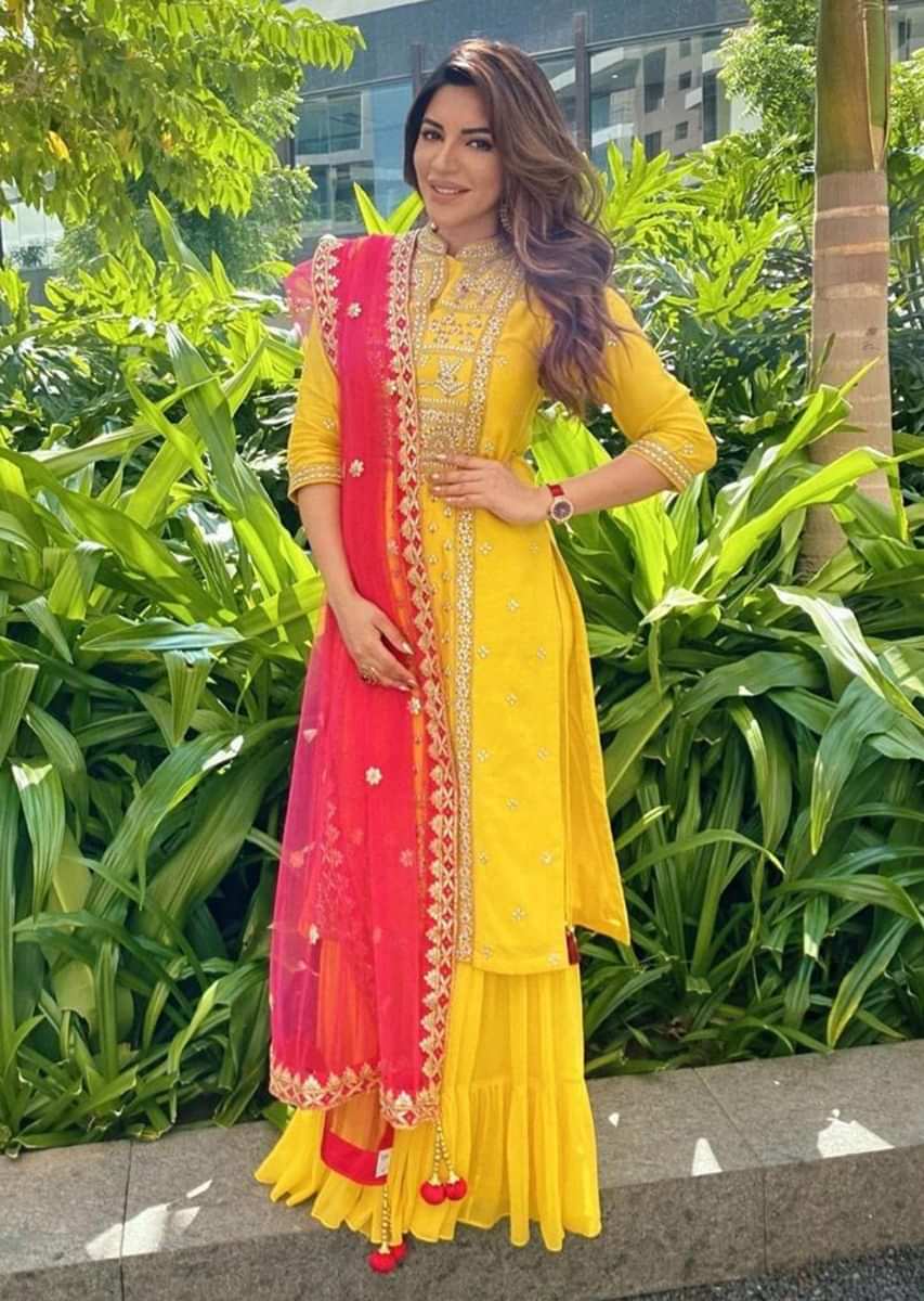 Shama Sikander In Kalki Sun Yellow Sharara Suit In Cotton Enhanced With Gotta Patches Embroidered Floral Pattern