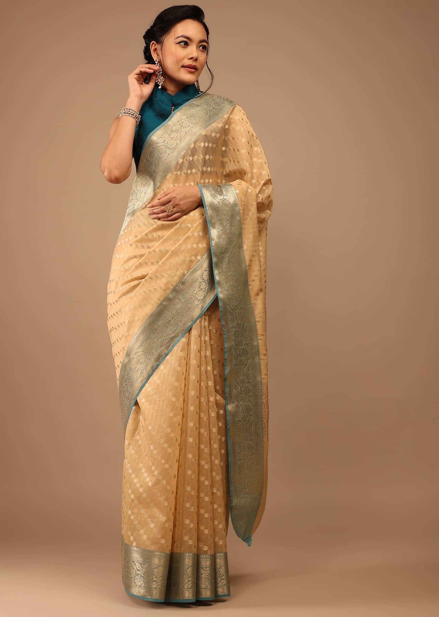 Sheepskin Brown Saree In Banarsi Chanderi And Pure Handloom Cotton