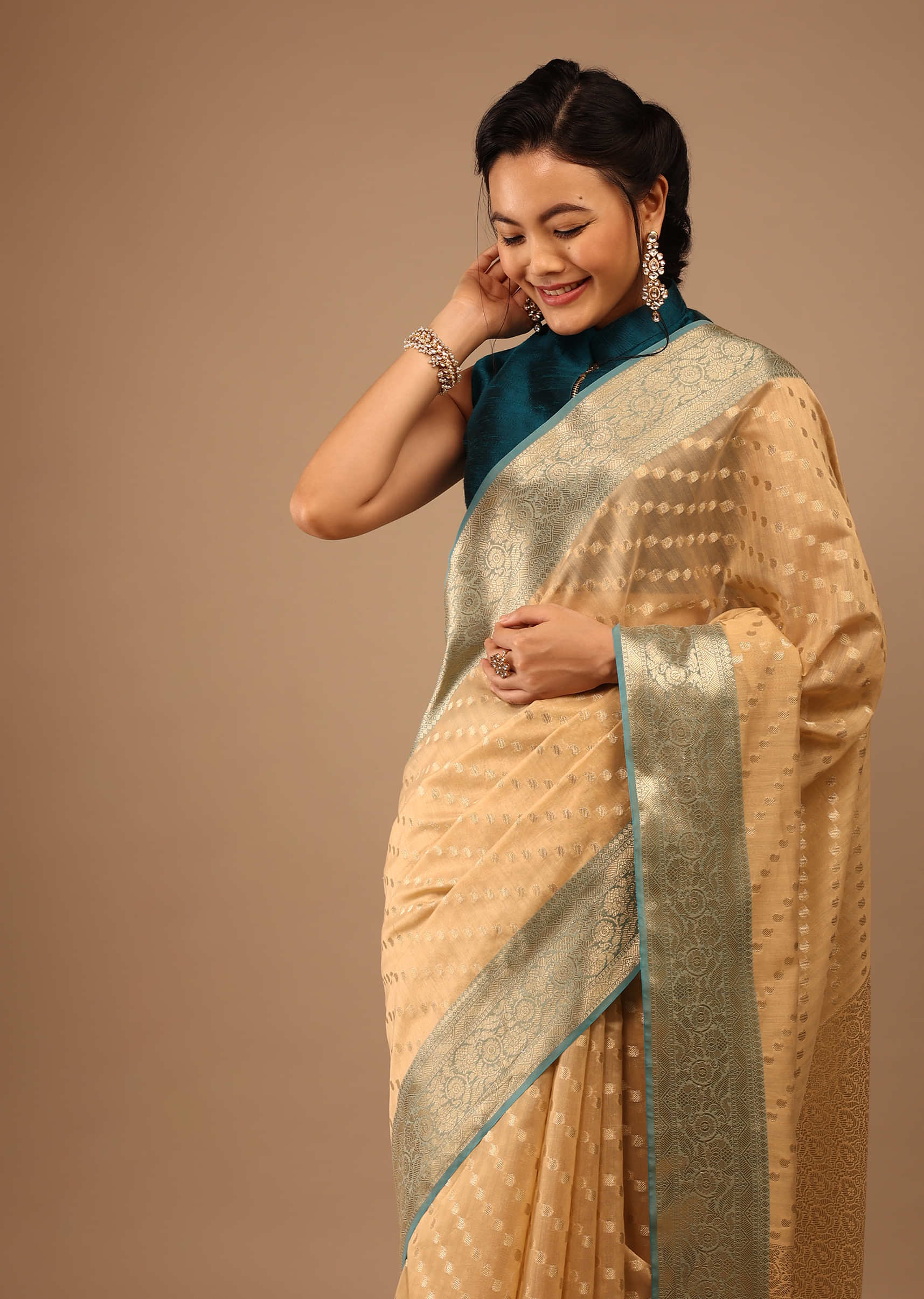 Beige Saree In Banarsi Chanderi And Pure Handloom Cotton