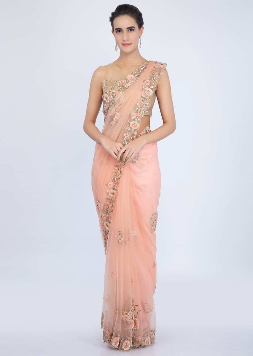 Peach Saree In Net With Floral Embroidered Buttis And Border Online - Kalki Fashion
