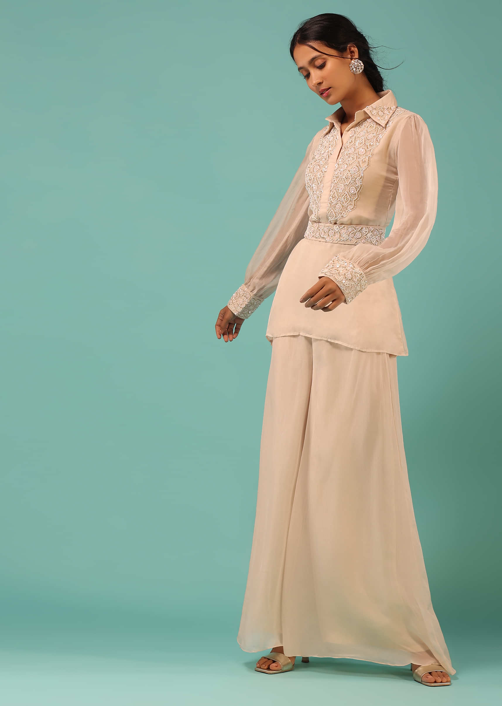 Shell Beige Palazzo Suit With Cut Dana And Moti Embroidered Short Kurti Featuring Balloon Sleeves And Collar Neckline