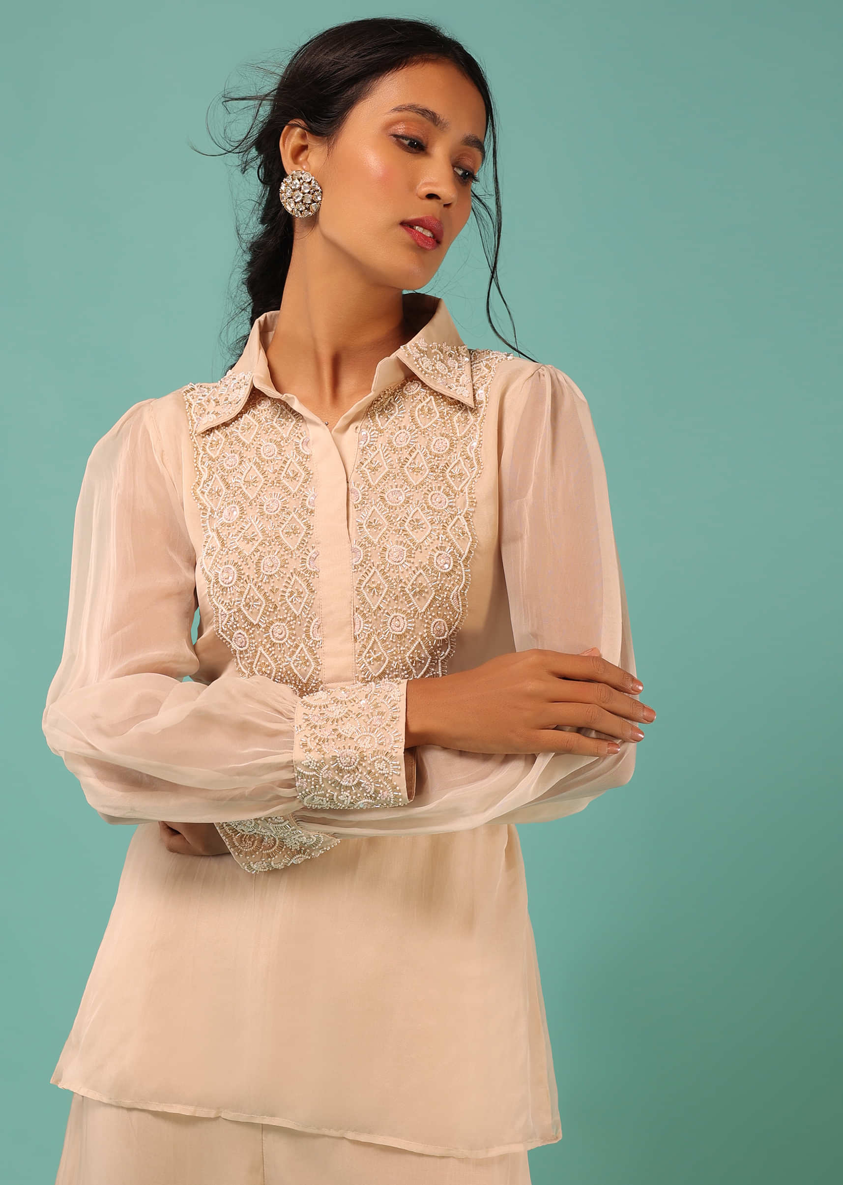 Beige White Palazzo Suit With Cut Dana And Moti Embroidered Short Kurti Featuring Balloon Sleeves